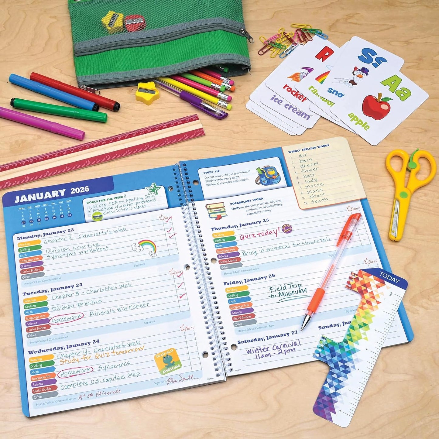 Global Datebooks 2025-2026 Elementary Student Planner 8.5x11 - Dated Weekly & Monthly Academic Planner (Large) with Ruler/Bookmark & Stickers, Ideal for Homework, Block Style, Space Happy Planets