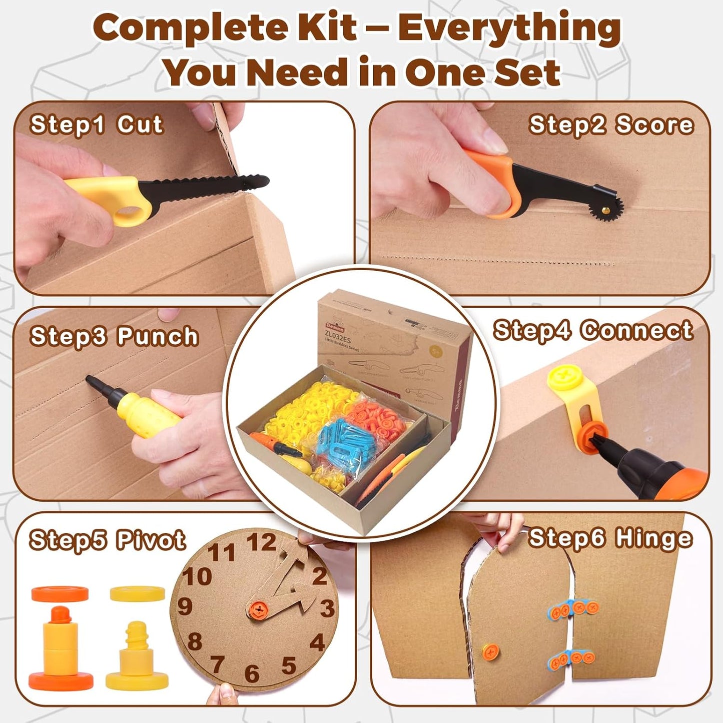 Cardboard Construction Kit - 401 PCS Kids Building Set with Safe Serrated Cutter, STEM Upcycled Tool for DIY Cardboard Projects, Engineering & Creativity (Standard Edition)