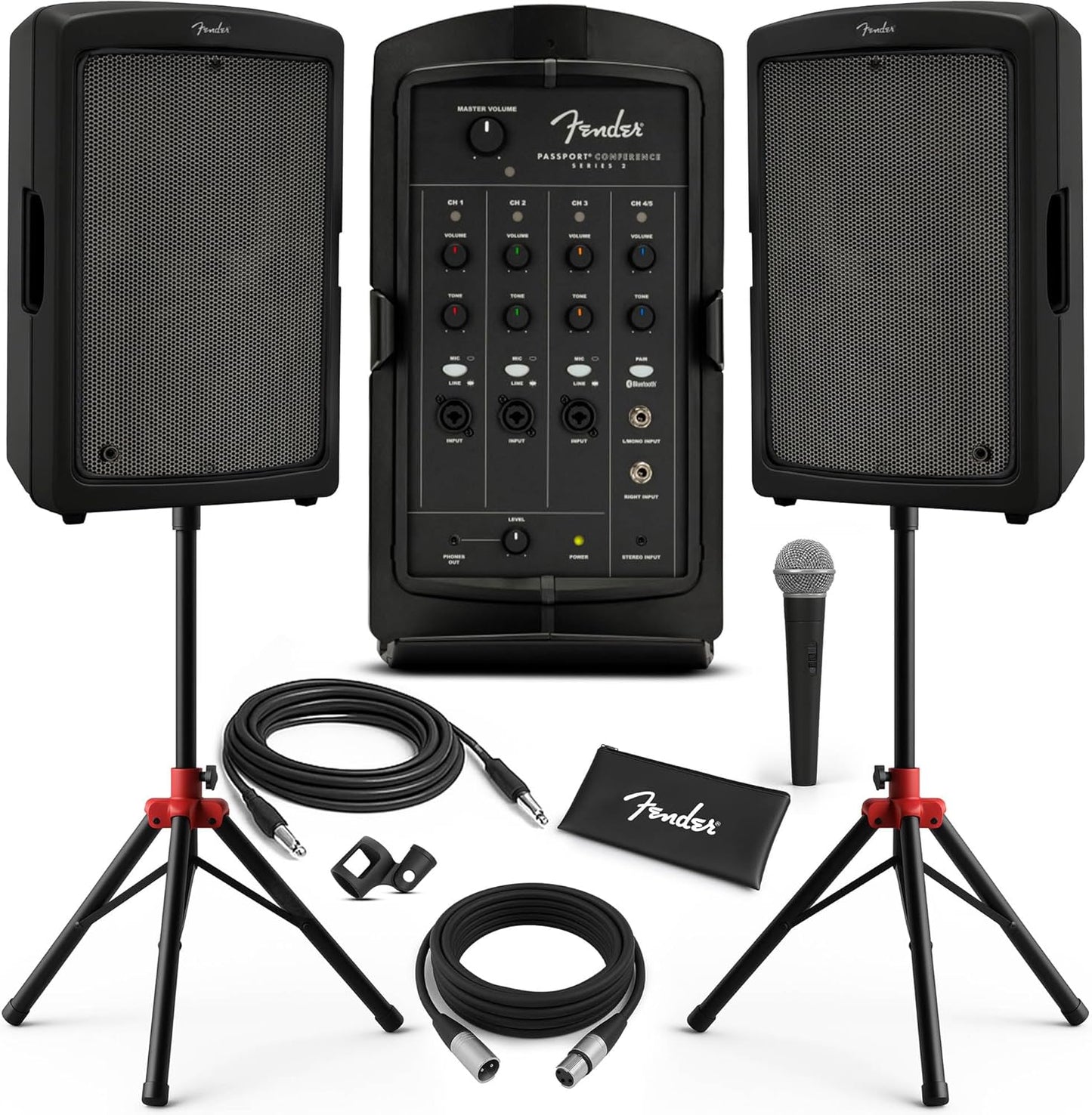 Fender Passport Conference S2 Portable PA System Bundle with Microphone, Compact Speaker Stands, XLR Cable, and Instrument Cable
