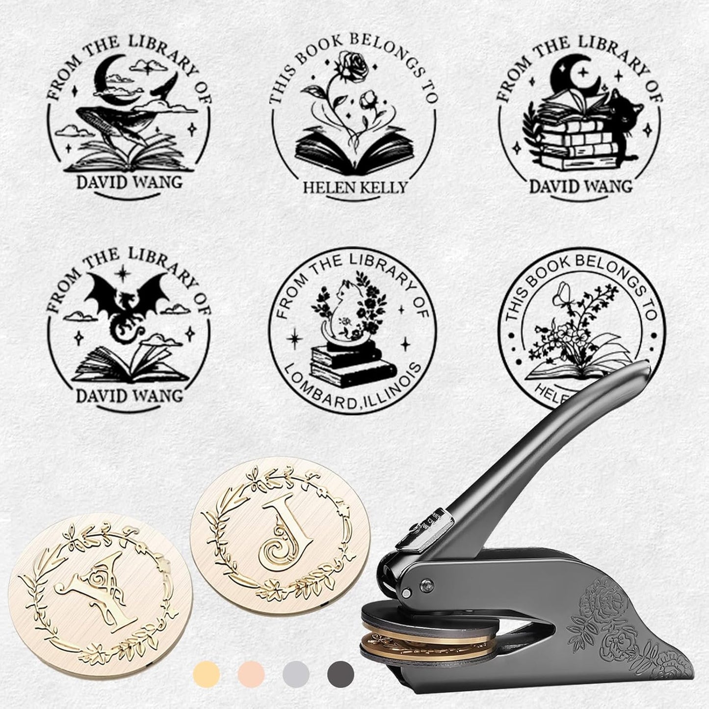 Personalized Book Embosser - Custom Design with Dragon, Cat, Flower Patterns - Personalized Embosser Stamp for Book Lovers, Ex Libris, Teachers Gifts