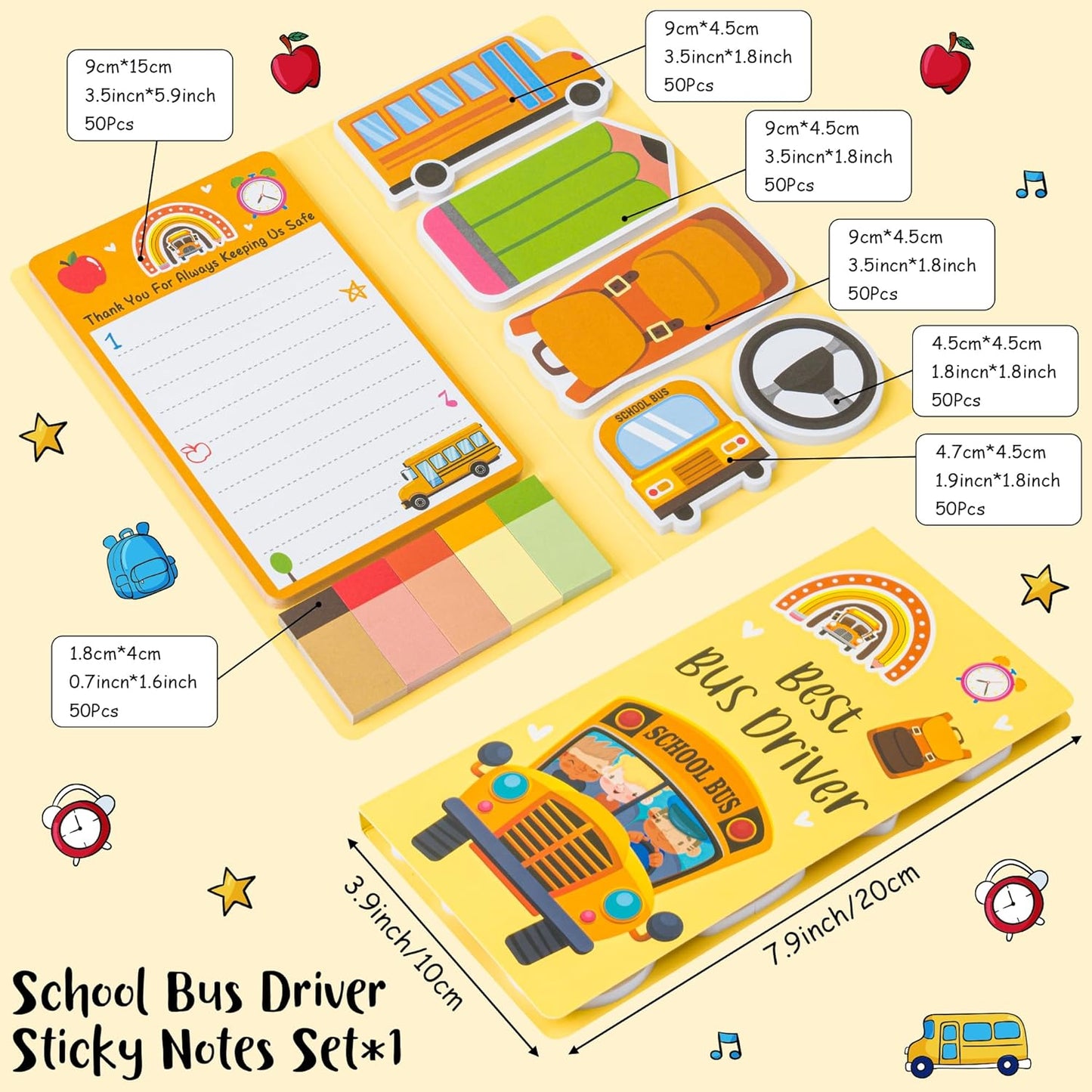 Xqumoi Best Bus Driver Sticky Notes Set - School Bus Pencil Shaped Self-Stick Note Pads Teacher Appreciation Thank You Gift Writing Memo Pad Page Marker Back to School Office Party Favors Supplies