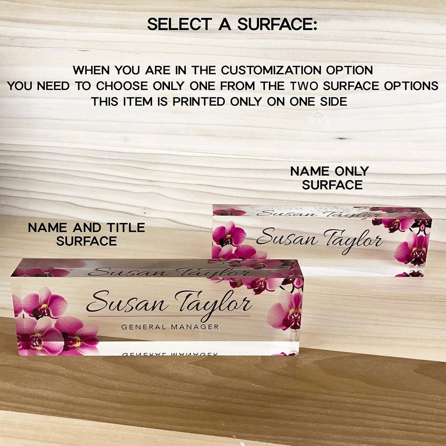 Artblox Custom Desk Name Plate - Orchids Design on Clear Acrylic Glass - Personalized with Your Name and Credentials for Office