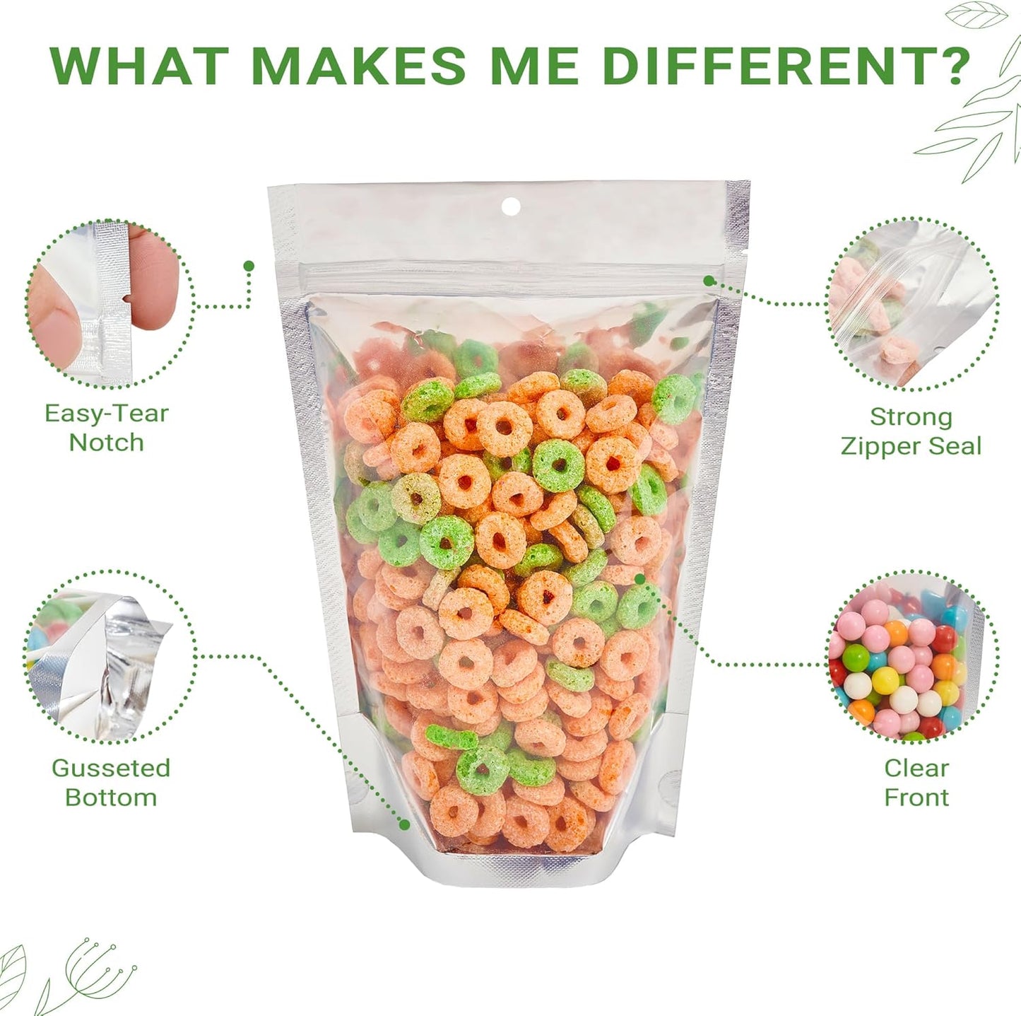 100 Pieces 6" x 9" Resealable Stand Up Pouch Bags Mylar Food Packaging with Clear Window and Tear Notches
