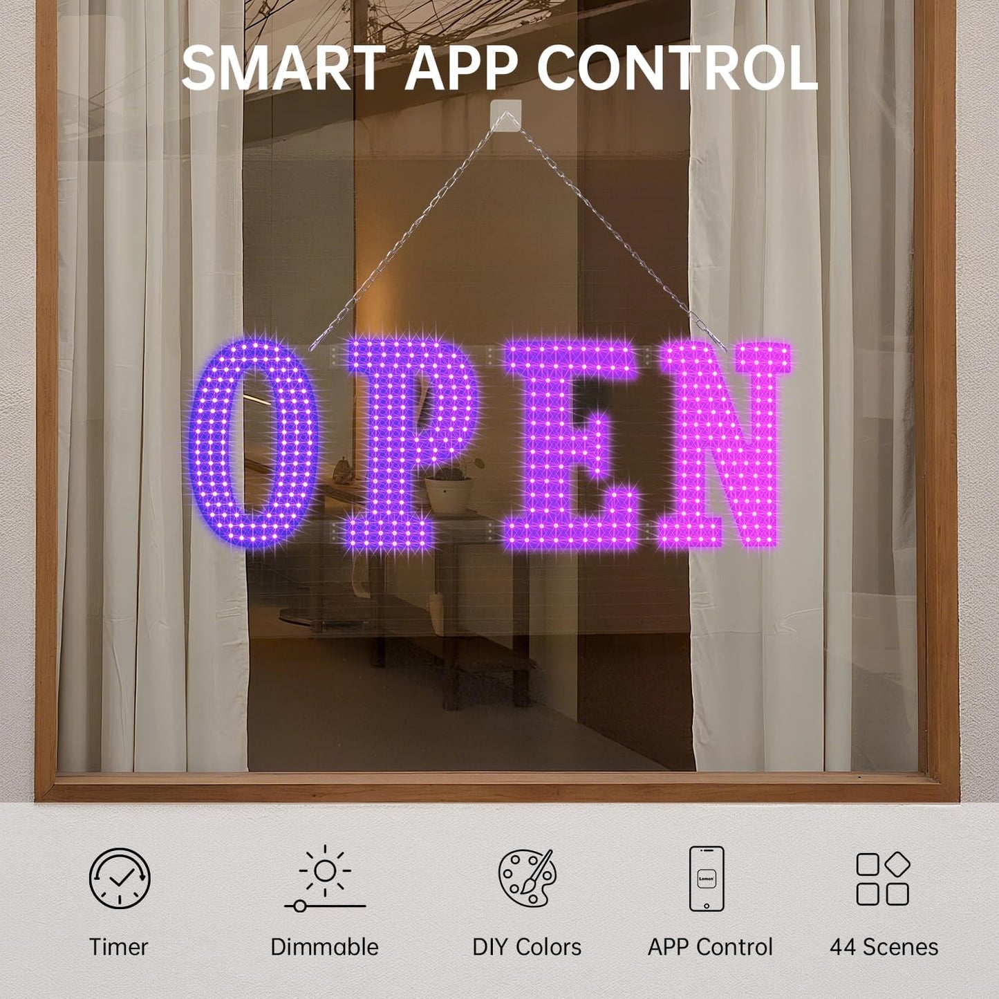 LED Open Signs for Buiness, 30"x10"Large Open Light Up Signs with Remote Controls, Smart App, DIY Editor Colours Sign Flashing Light for Storefront Window Bar Salon Cafes Retail Shops