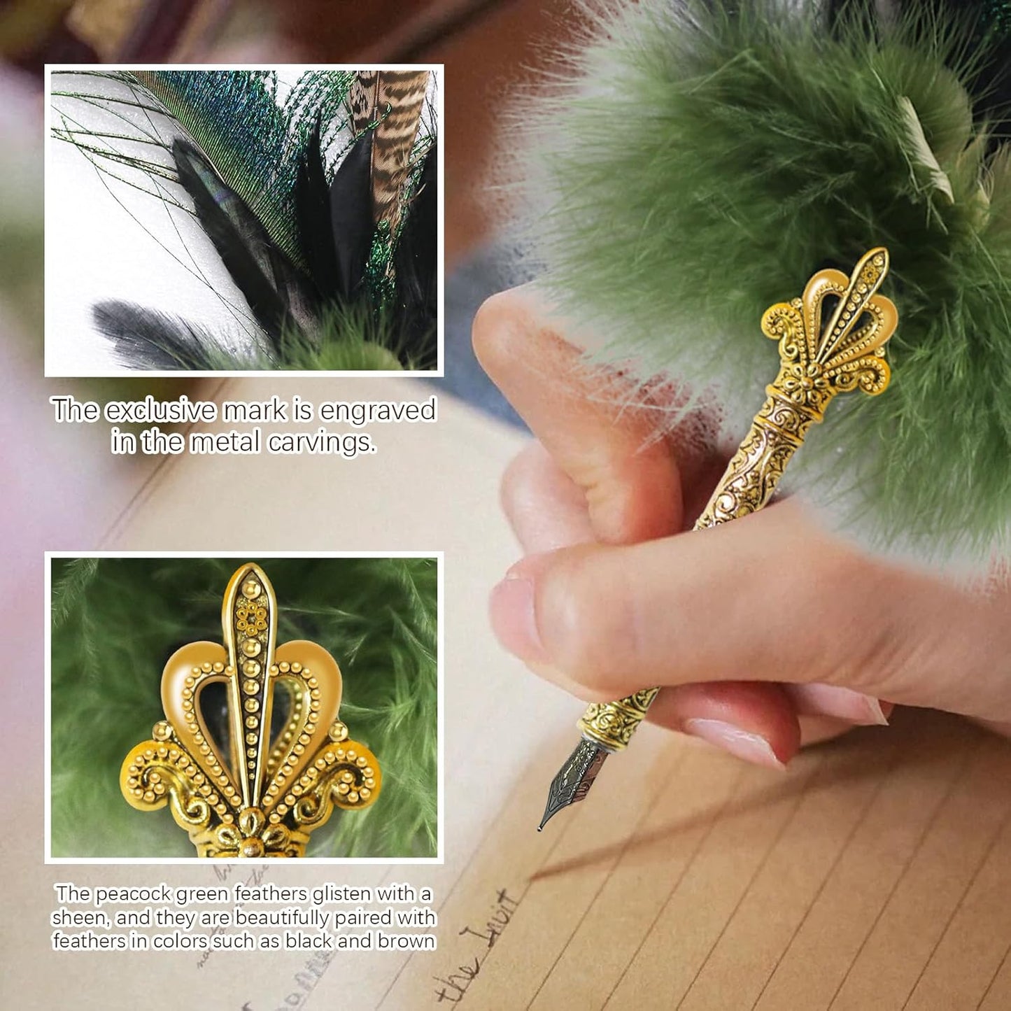 CROWN GUIDE Luxury Feather Pen with Black Ink Set - 13.8" Peacock Fancy Quill Fountain Pen for Writing Calligraphy, Wedding Nikkah Pen for Guest Book Journaling Gift, Green