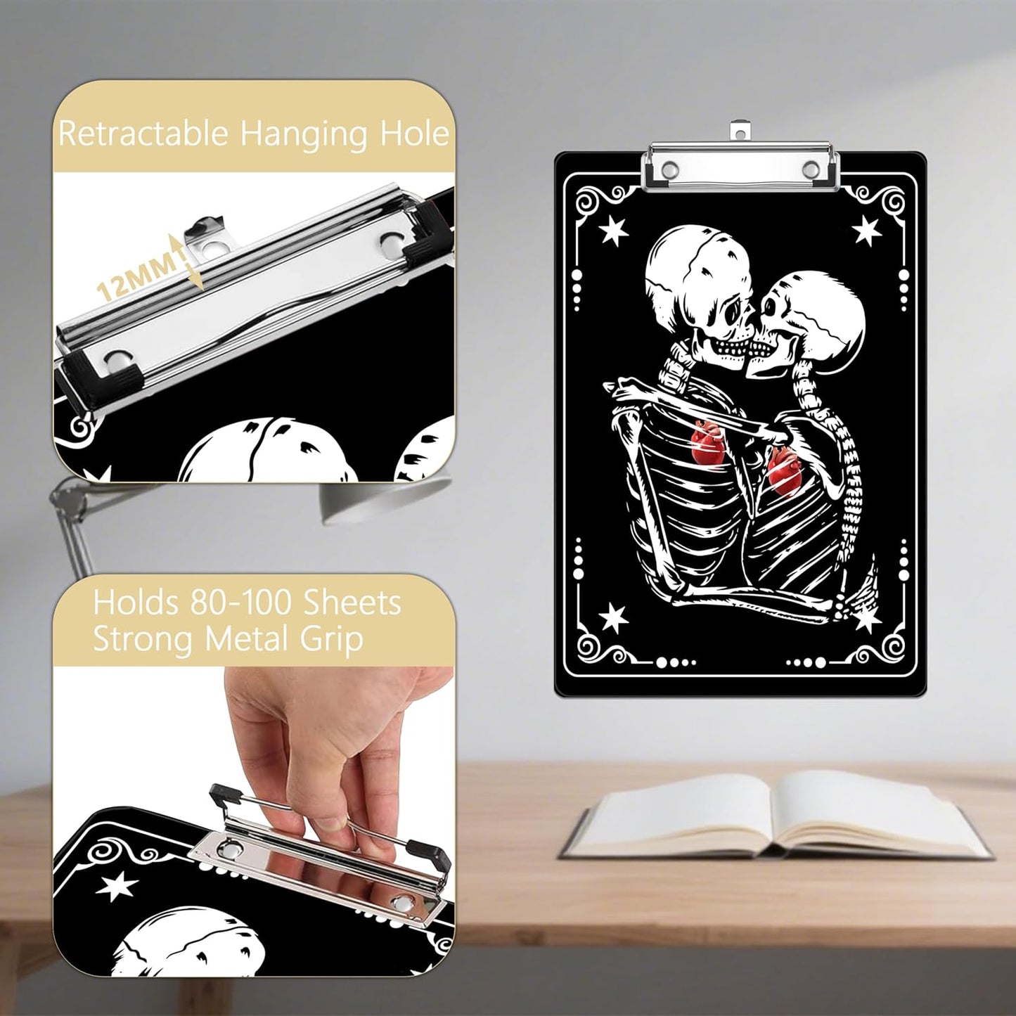 Skull Valentine's Day Plastic Clipboards,Decorative Plastic Acrylic Clipboard for Teacher Social Worker Students Office Supplies 8 * 12