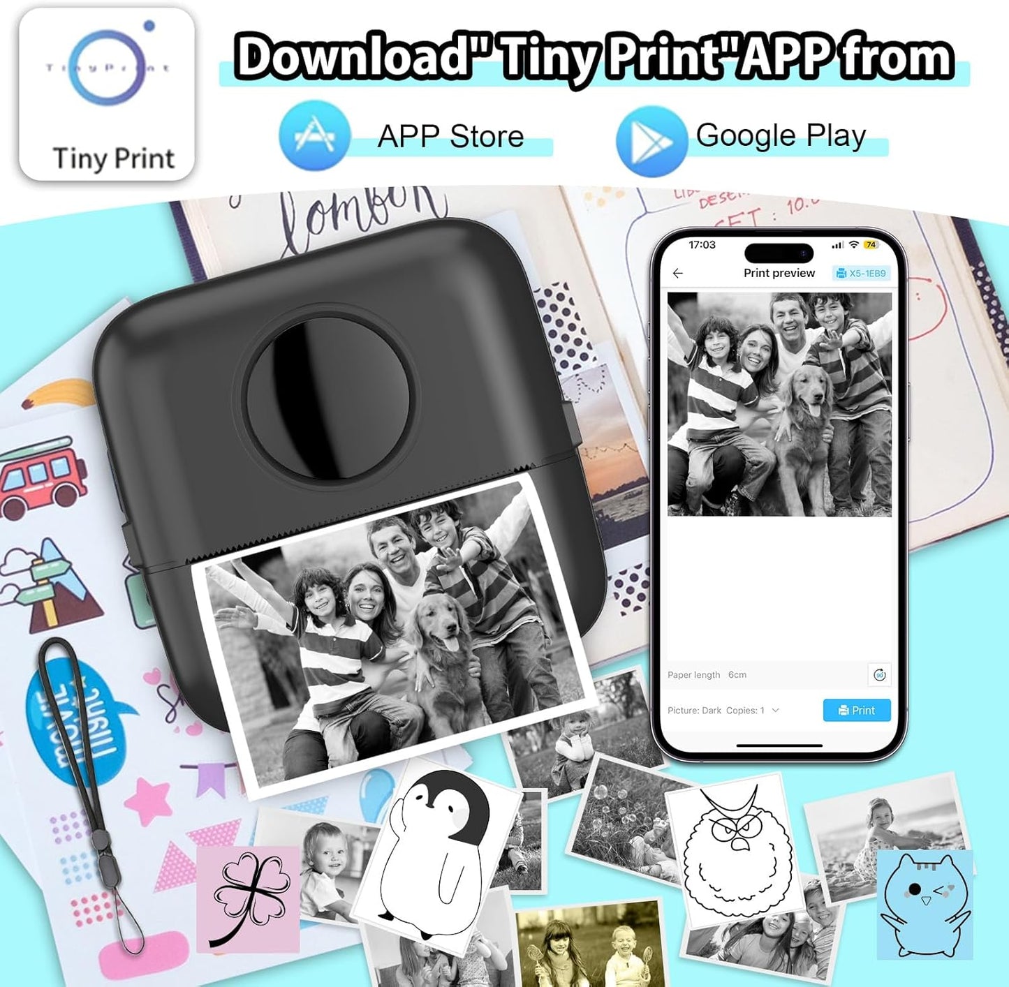 HuiJuKeJi Mini Sticker Printer Bluetooth Smart Pocket Inkless Thermal Printer with 11 Rolls Thermal Paper and Sticker for iOS&Android, Portable Receipt Printer for Photo Journal Notes Memo