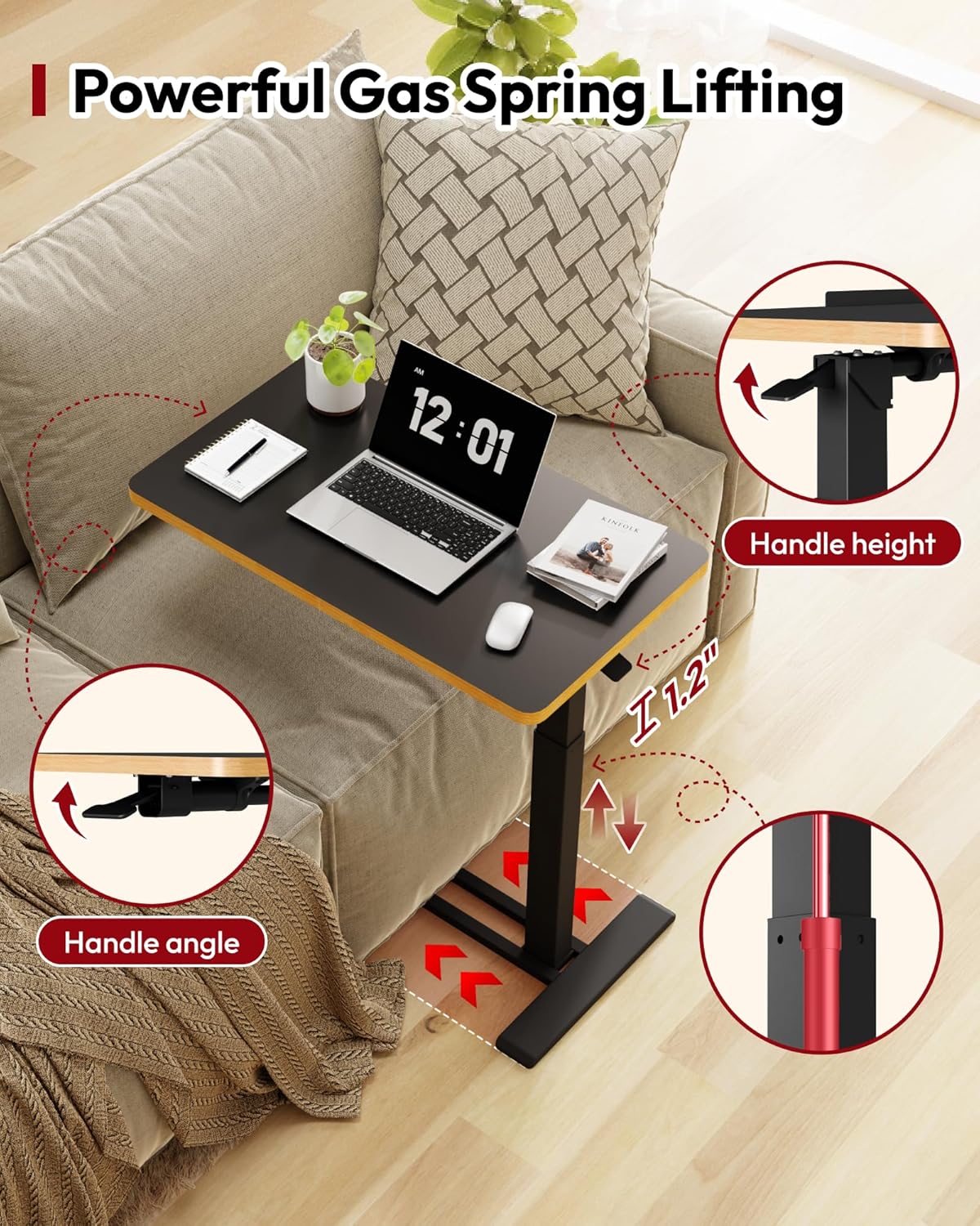 SANODESK Medical Adjustable Overbed Bedside Table with Casters 90° Tilt Top Pneumatic Mobile Rolling Laptop Computer Standing Desk Cart with Tray, Hospital and Home Use(31.5" W x 17.7" D, Black)
