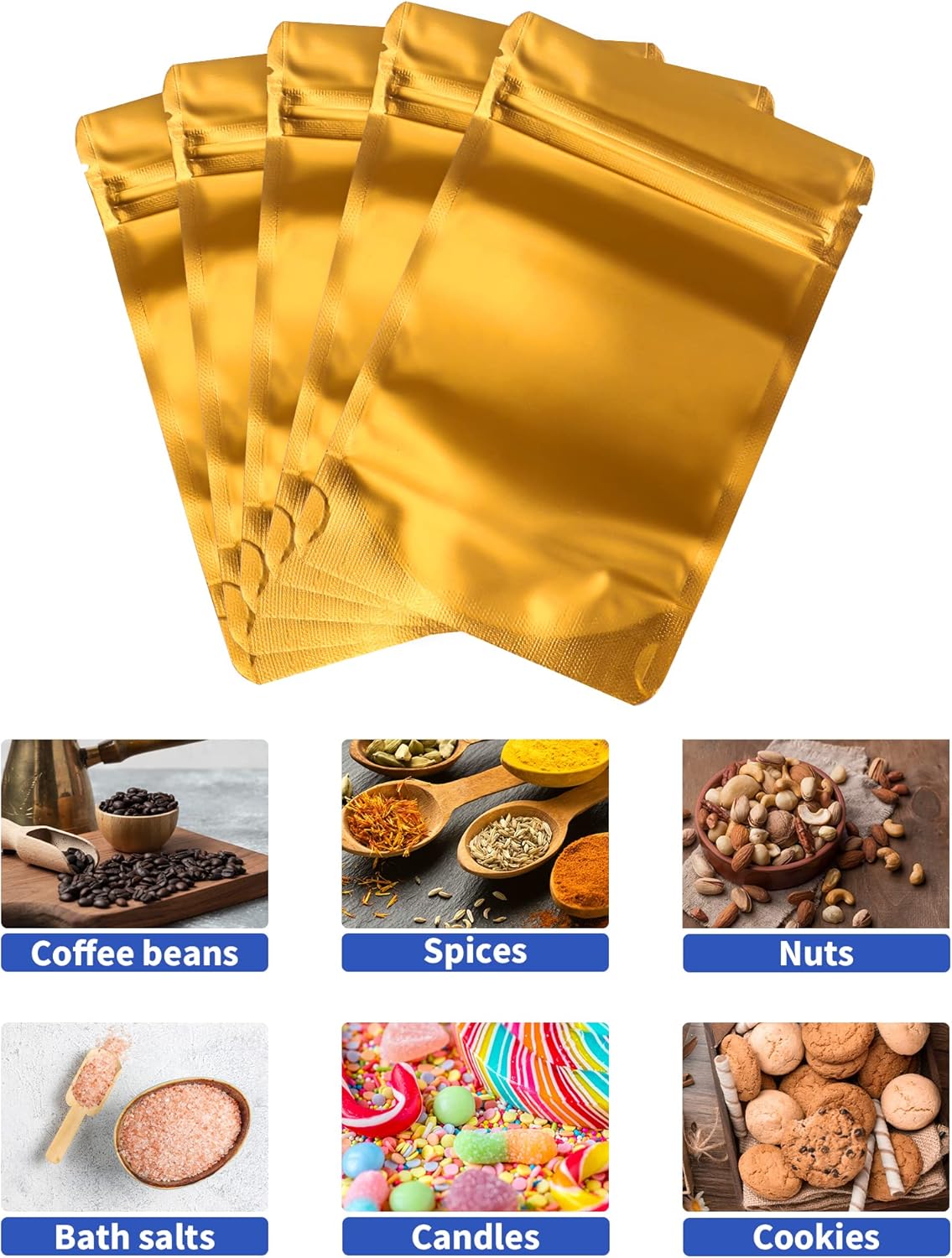 100 Pack Resealable Stand Up Bags,Smell Proof Pouch Sealable Foil Pouch Bags for Packaging (Gold, 3.5" x 5.1")