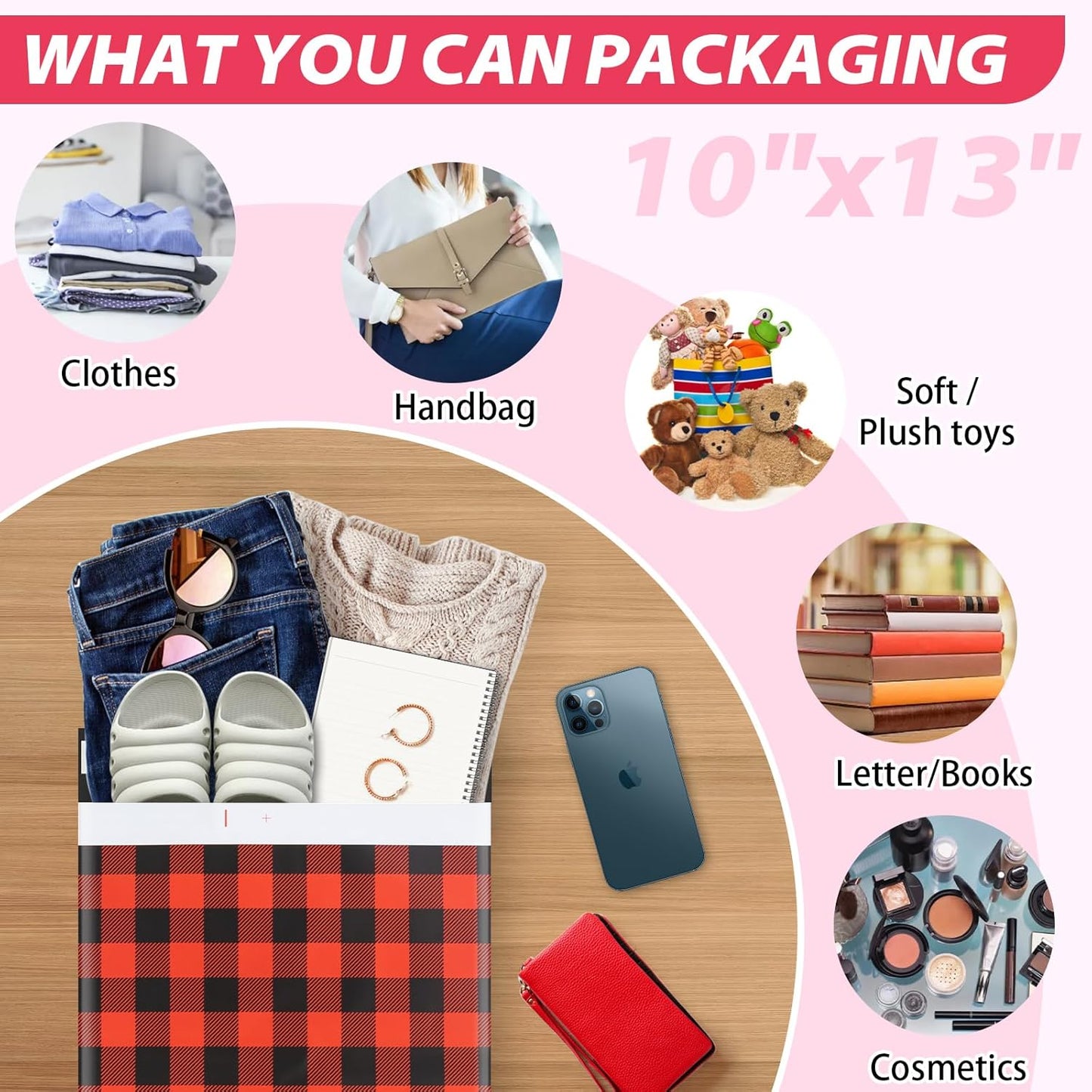 Oududianzi Poly Mailers 10x13, 100Pack Shipping Bags, Packaging Bags, Mailers Poly Bags, Shipping Envelopes, Mailing bags, Polymailer Packaging Bags for Small Business - Red plaid