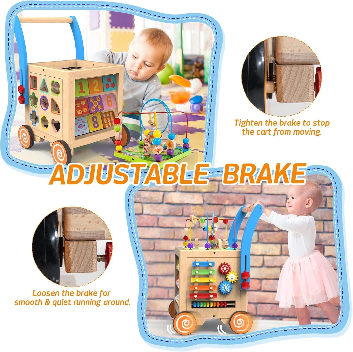 9-in-1 Wooden Activity Cube | Wooden Baby Walker, Sit-to-Stand Learning Walker Activity Center, Early Educational Push & Pull Toys for Baby Toddler Boys Girls, Height & Brake Adjustable