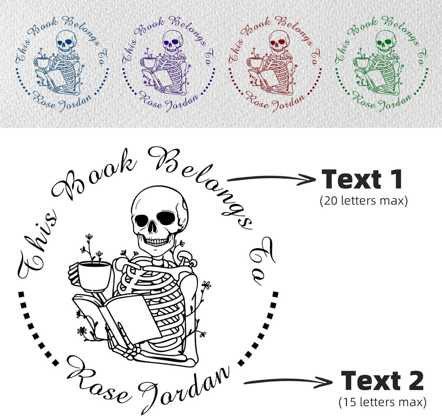 Skull Themed Library Book Embosser，Custom Book Business Card Paper Document Notebook，Self Inking Stamp，Book Lover Gifts，Christmas Gifts (Style05)