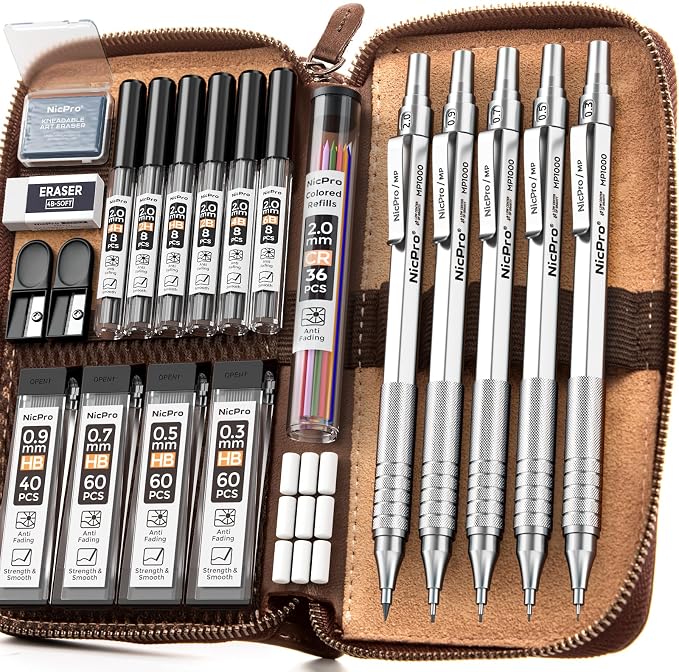 Nicpro 20PCS Metal Mechanical Pencil Set in Leather Case, Art Drafting Pencil by Nicpro