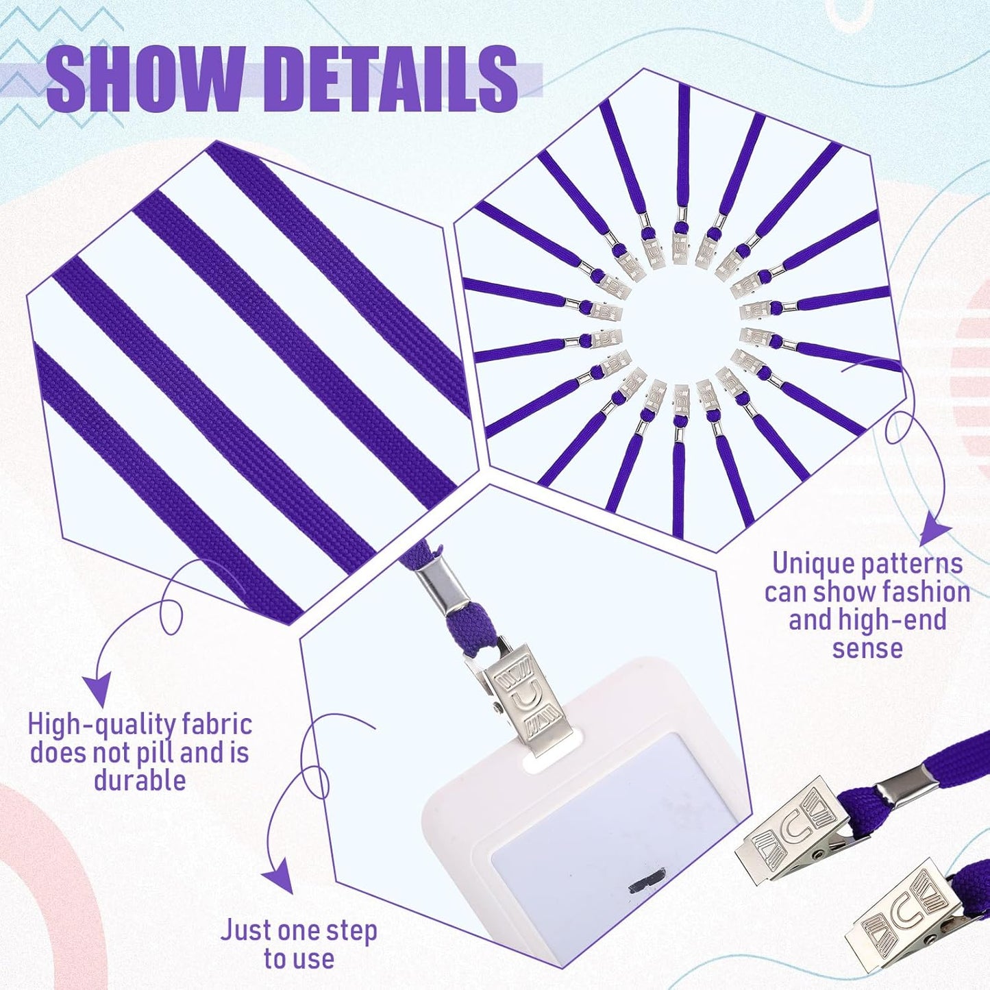Patelai 100 Pack Double Clip Lanyards Bulk Face Mask Lanyard Twist Free 2 Hook Design Adjustable Badge Neck Strap for Conference Office Class Essential Back to School Gifts ID Card Keychain (Purple)