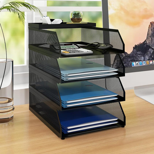 Natwind 4-Tier Desk Organizer,Stackable Paper Tray, Desk Accessories,Metal Mesh Desktop Organizer, Paper Sorter, Letter Trays,File Document Storage Rack for for Home, Office, School (Black)