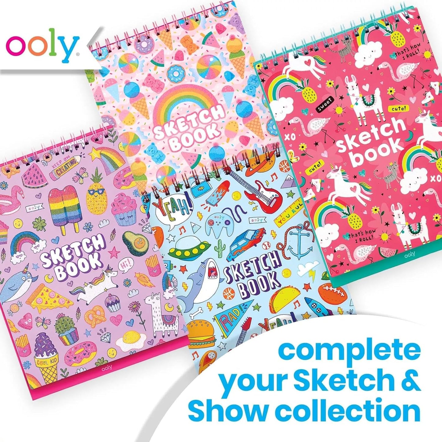 OOLY Sketch and Show Standing Sketchbook with 45 Large 10.5 x 8 Perforated Pages, 120 GSM/ 32lb Perfect for Markers, Colored Pencils, Back to School Supplies - Cute Doodle World