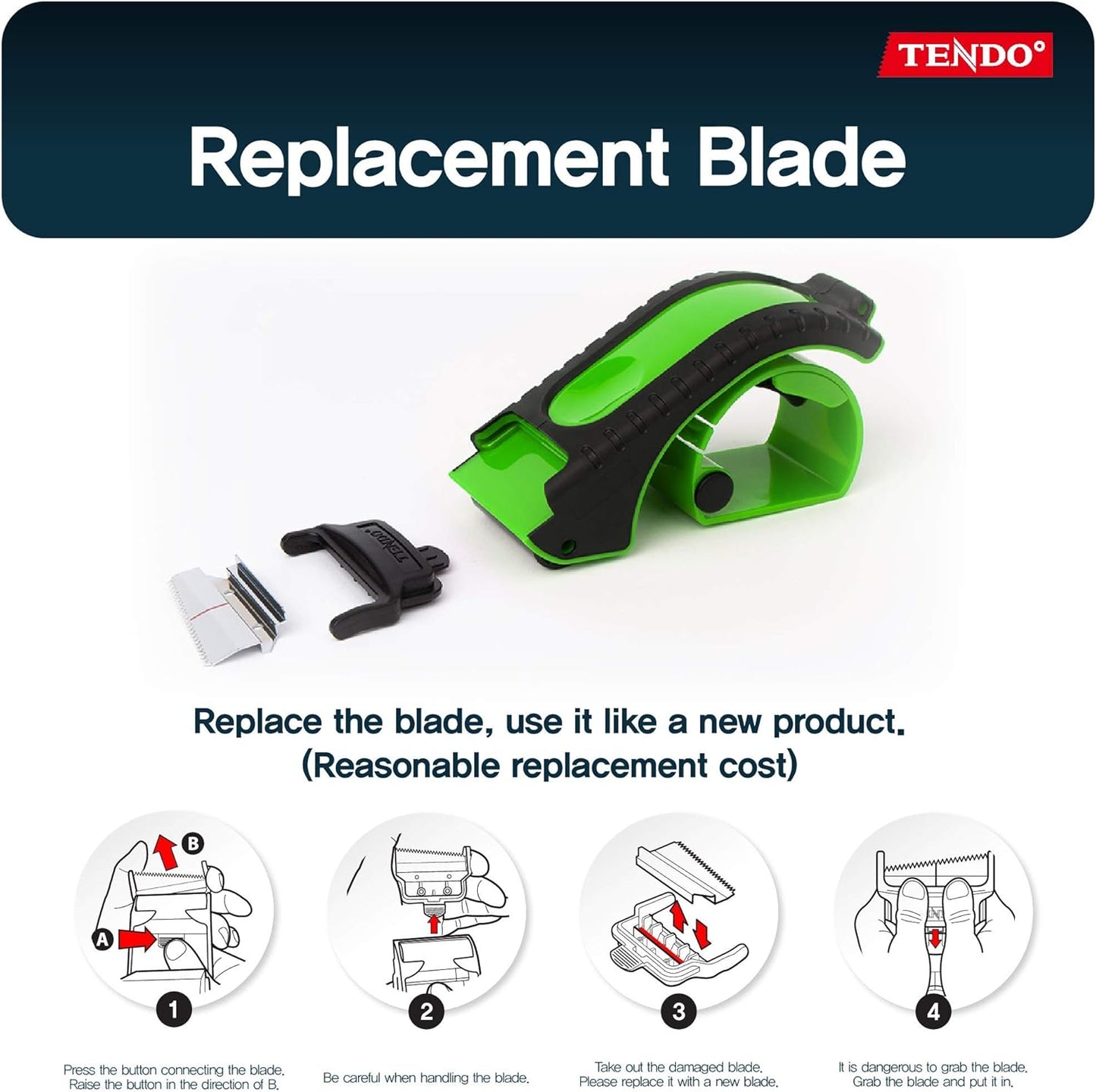 Heavy Duty Shipping Tape Dispenser: TENDO° Essential Line – Reusable, Replaceable, Eco-Friendly 2’’ Master Piece Dispenser with Patented 10° Sloped Chromium Blades - P-1200 (3th Gen.)_Green