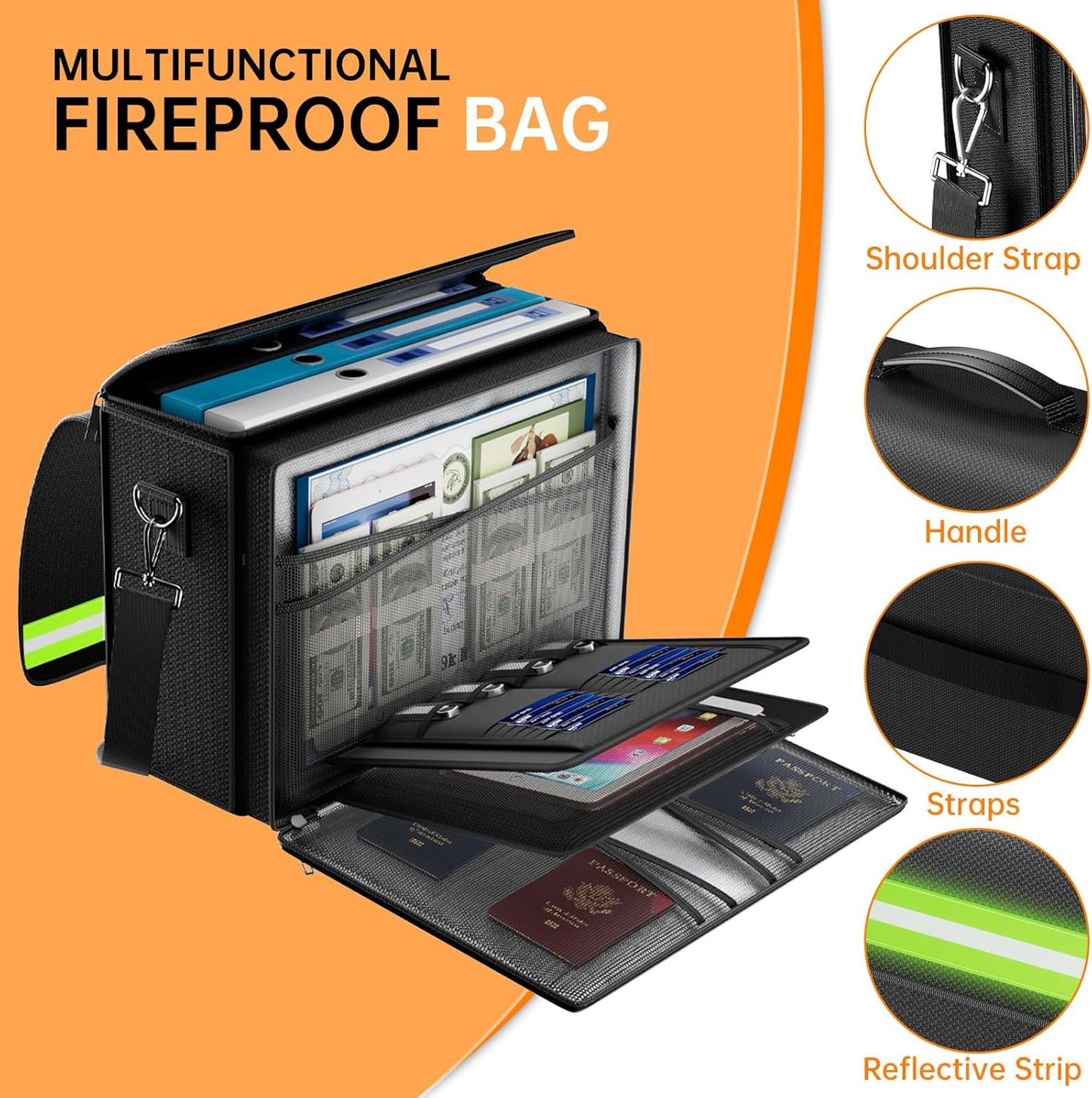 DocSafe 5200°F Large Fireproof＆Wate-Resistant Document Bag with Multiple Pockets,(17”x12.5”x7.2”) File Storage Organizer Important Document Holder