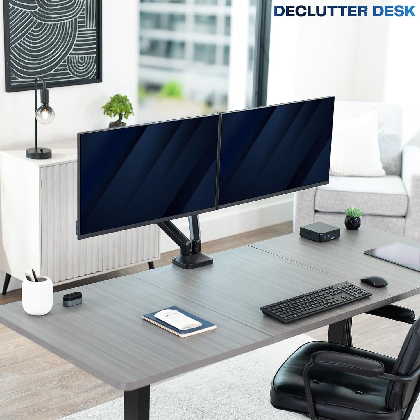 VIVO Dual Pneumatic Arm Ultra-Wide Monitor Mount for up to 35 inch Screens, Holds 26.4 lbs per Arm, Desk Mount Monitor Stand for 2 Ultrawides, Black, STAND-V200O