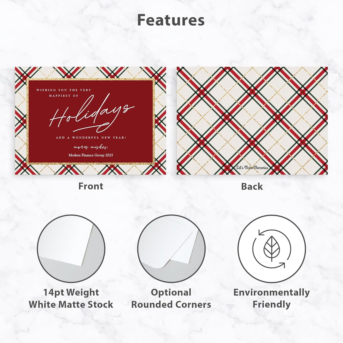 Let's Make Memories Personalized Business Christmas Cards with Envelopes - Premium Quality - 5x7-2025 Holiday Cards & White Envelopes - Rustic Tartan - 250 ct