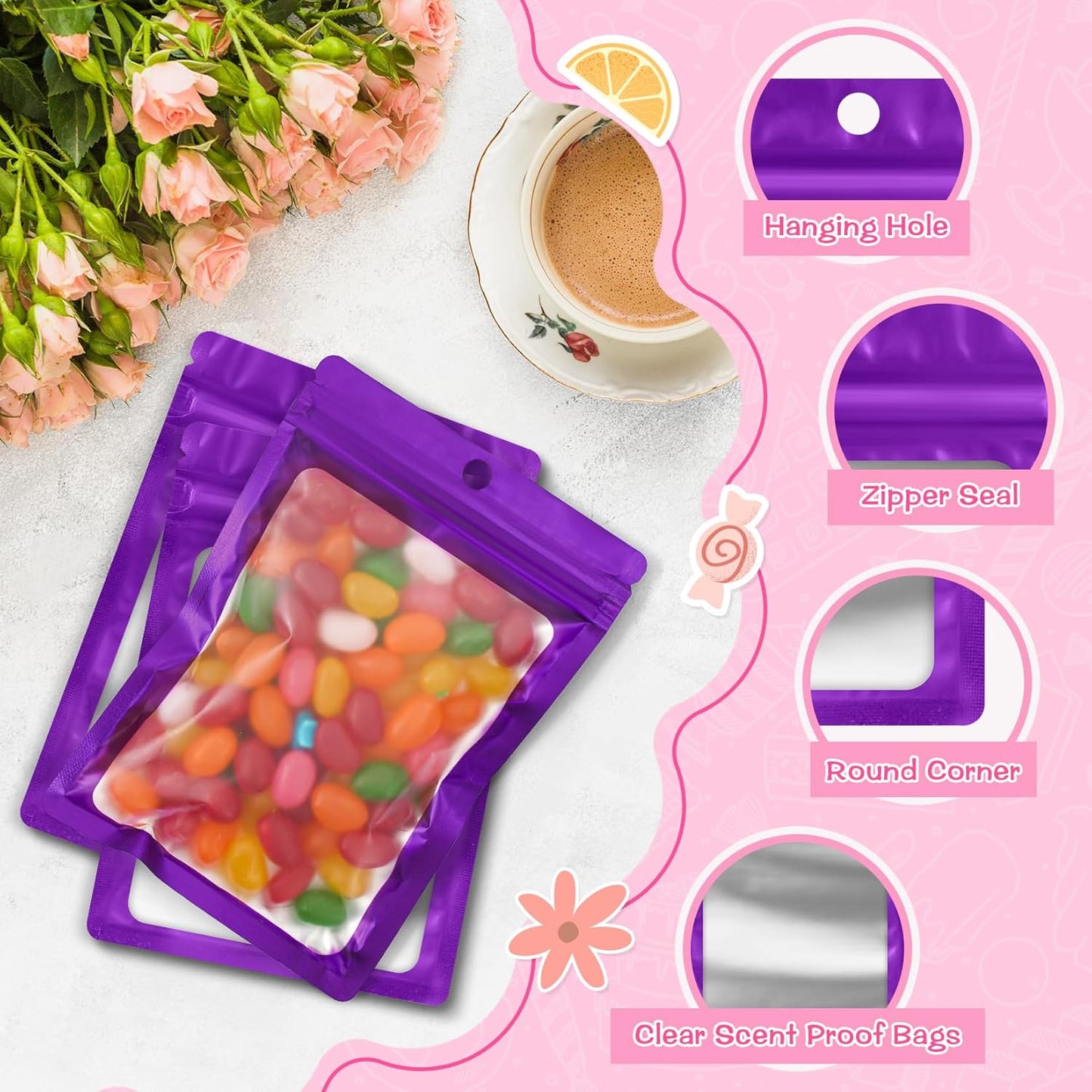 FUNFERY 100 Pack Mylar Resealable Bags Foil Packaging Bags with Clear Window,Zipper Pouch Smell Proof Bag for Food Storage,Cookies,Sample,Small Business(Purple,5.1x8.3inch)