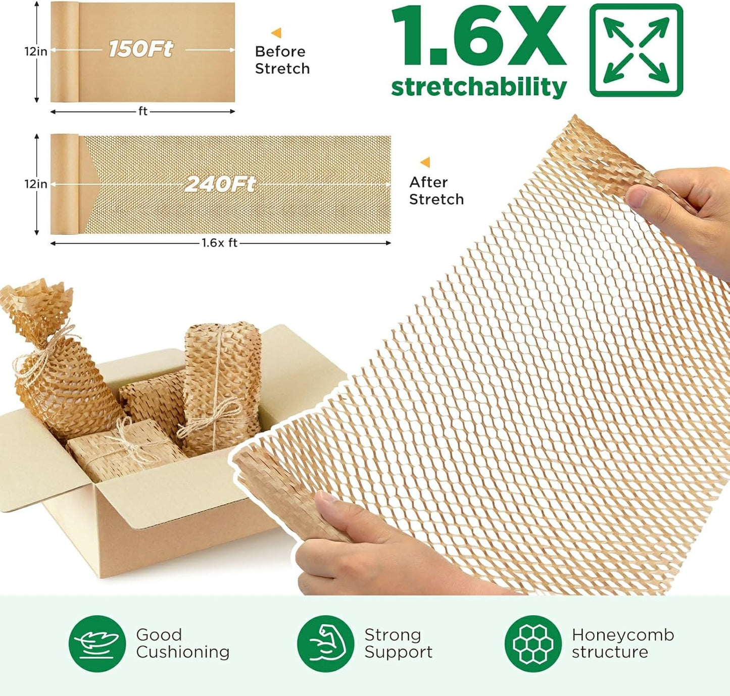 Honeycomb Packing Paper, 12"x150' Brown | Perforated Honeycomb Packing Paper Recyclable Moving Supplies for Shipping & Moving | Plastic-Free Alternative to Bubble Cushion Wrap with 36 Fragile Stickers