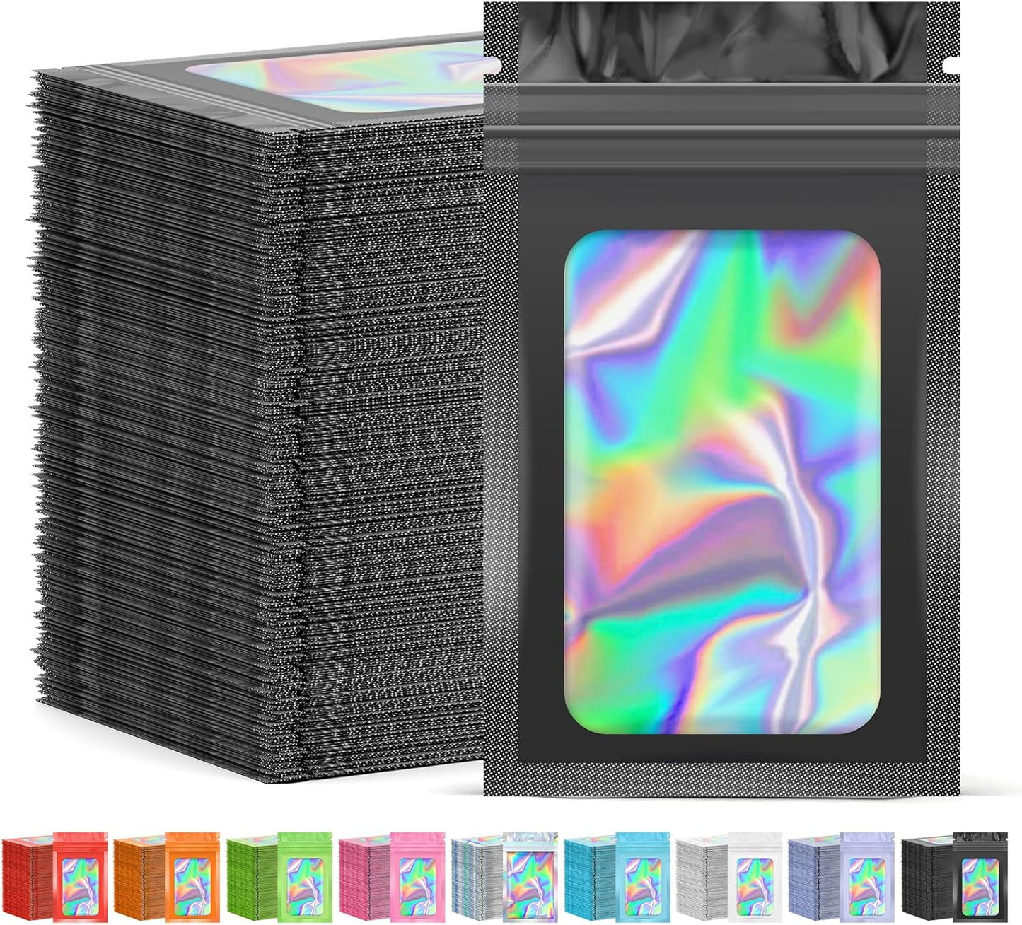 300 Pcs Mylar Bags, Smell Proof Bags Foil Pouch, Holographic Resealable Bags for Small Business, Candy Sample Jewelry Bag Sealable Packaging for Party Favor Food Storage (4x6in-Black)