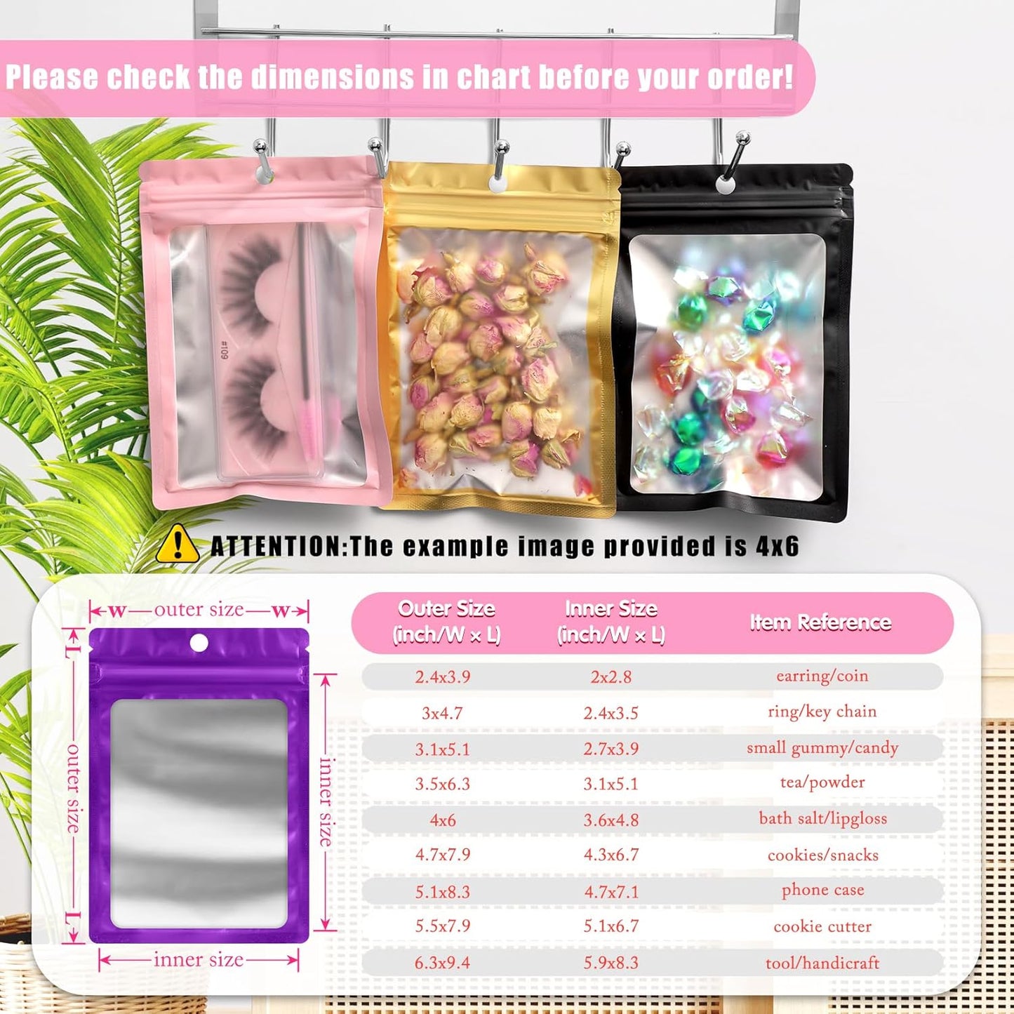FUNFERY 100 Pack Mylar Resealable Bags Foil Packaging Bags with Clear Window,Zipper Pouch Smell Proof Bag for Food Storage,Cookies,Sample,Small Business(Purple,5.1x8.3inch)
