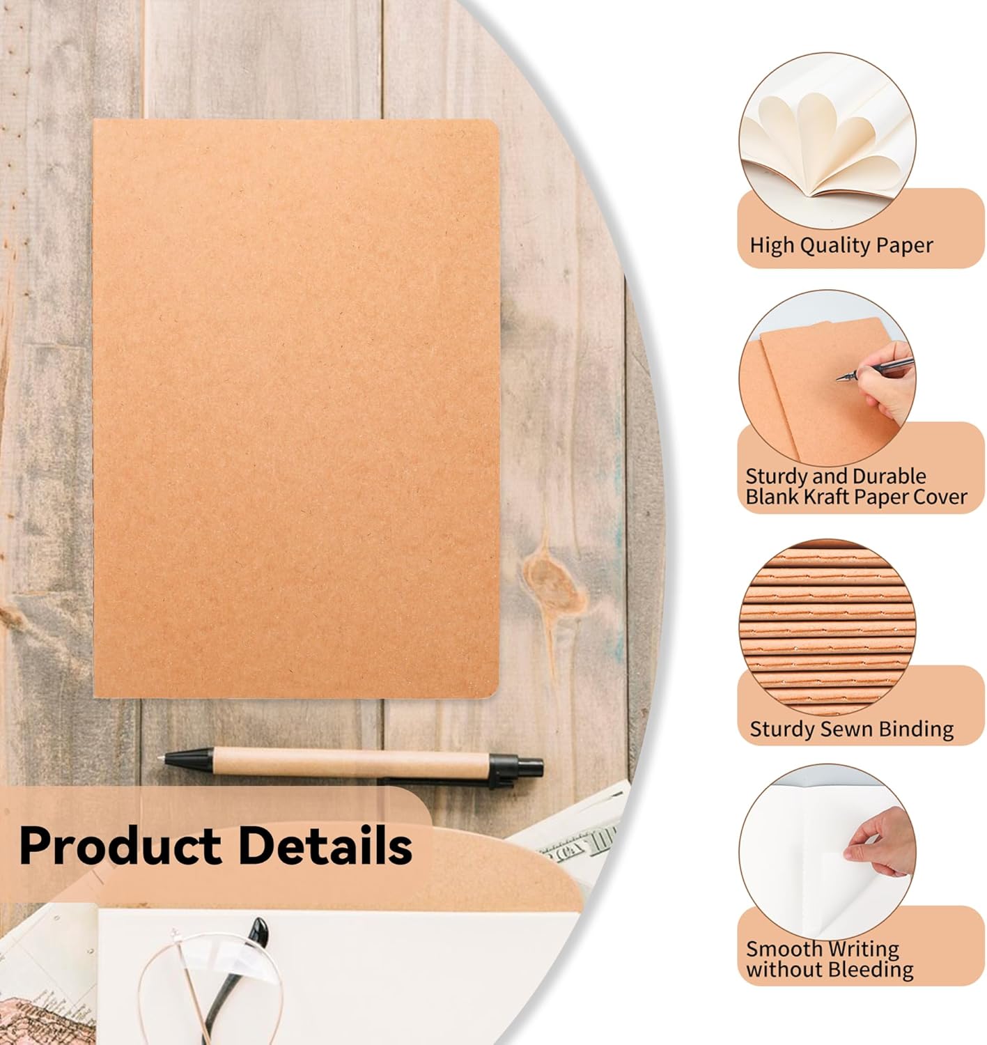 48 Pack Blank Kraft Notebooks, 8.3x5.5 Inches A5 Small Journals Bulk Blank Notebooks 80 Gsm Unlined with 60 Pages A5 Subject Notebooks Traveler Journal Set for Adult Students Back to School Supplies