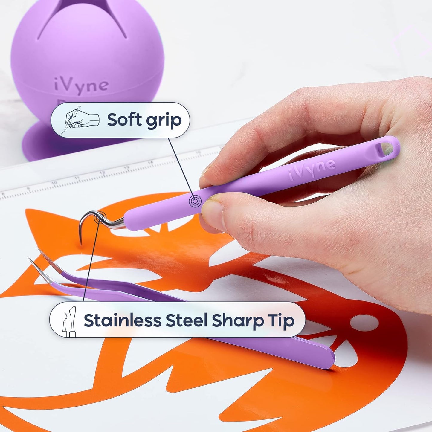 iVyne (8pcs) Premium Vinyl Weeding Tool Kit & Weeding Scrap Collector Soft Grip Tools with Berry, Weeder, Tweezers, Picker Or Hook, and Scraper Set for Silhouette Cameos & Cricut - Purple