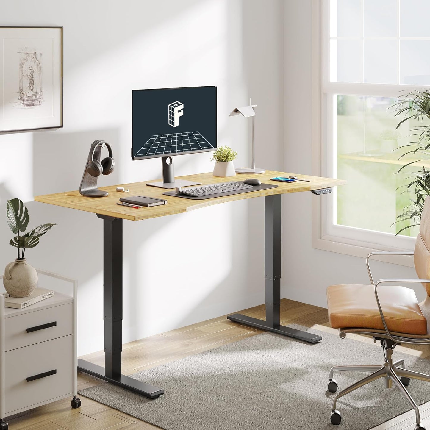 FLEXISPOT E6 MAX Bamboo Dual Motor 3 Stages Standing Desk 48x24 Inch Whole-Piece Board Electric Height Adjustable Stand Up Desk 150KG Load Capacity(Black Frame + Bamboo Curved Desktop)