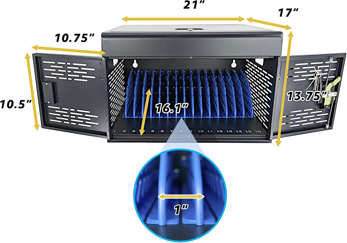 POCHAR 16-Unit Charging Cabinet for Laptops & Tablets - Locking Laptop Storage Box with Cable Management, Charger Storage, and Ground Protection for Classroom, Library, and Office (Black)