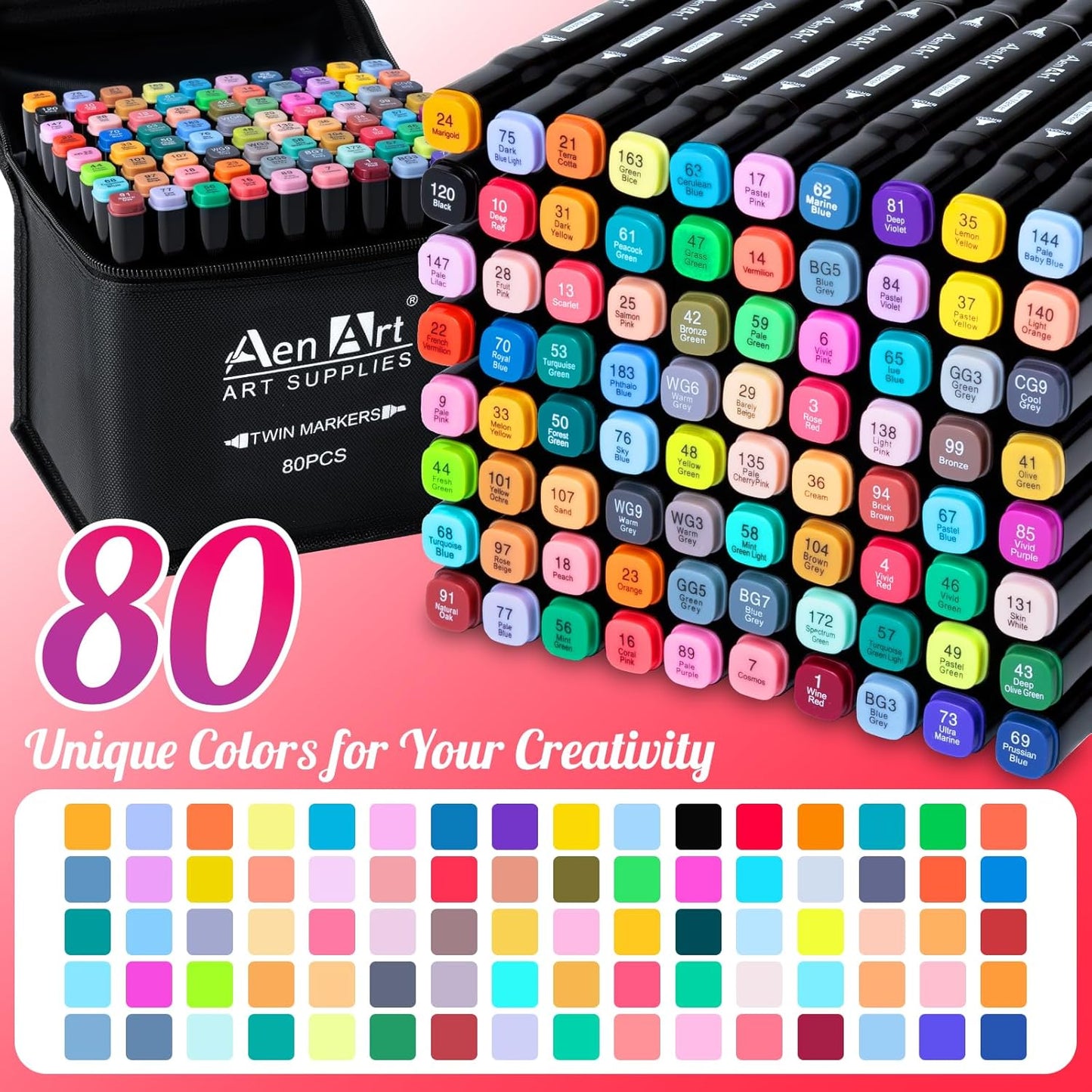 AenArt Alcohol Markers Set, 80 Color Dual Tip Art Drawing Markers, Artist Pens with Organizing Case for Adult Drawing Coloring Sketching