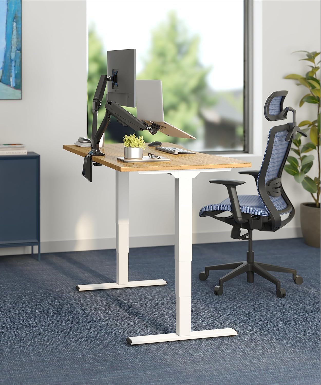 FLEXISPOT E6 Essential Bamboo 3 Stages Dual Motor 60x30 Inch Electric Height Adjustable Standing Whole-Piece Board Desk Sit Stand Up Desk (White Frame + Bamboo Curved Desktop)