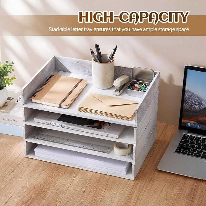 Yeaqee 4 Pcs Stackable Paper Organizer Tray Wood Desk Organizer Letter Tray - Image 3