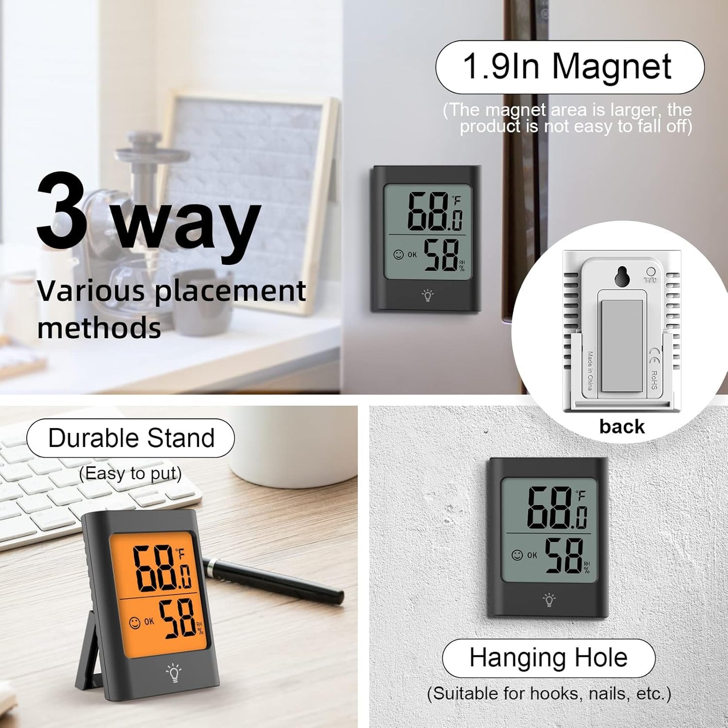Indoor Thermometer for Home, 2pack Hygrometer Humidity Meter Humidity Sensor with Backlight for Bedroom Greenhouse Garage.