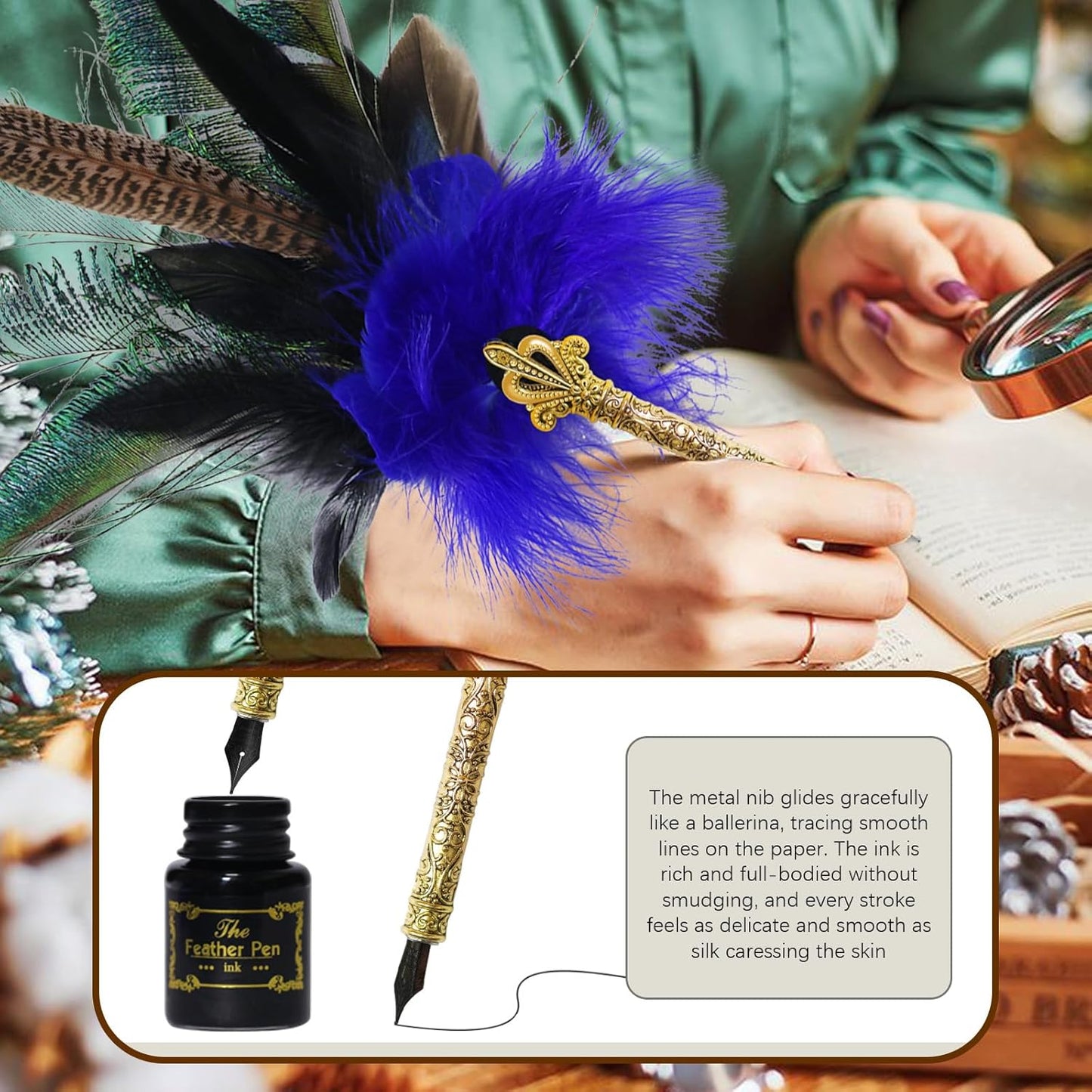 CROWN GUIDE Luxury Feather Pen with Black Ink Set - 13.8" Peacock Fancy Quill Fountain Pen for Writing Calligraphy, Wedding Nikkah Pen for Guest Book Journaling Gift, Blue