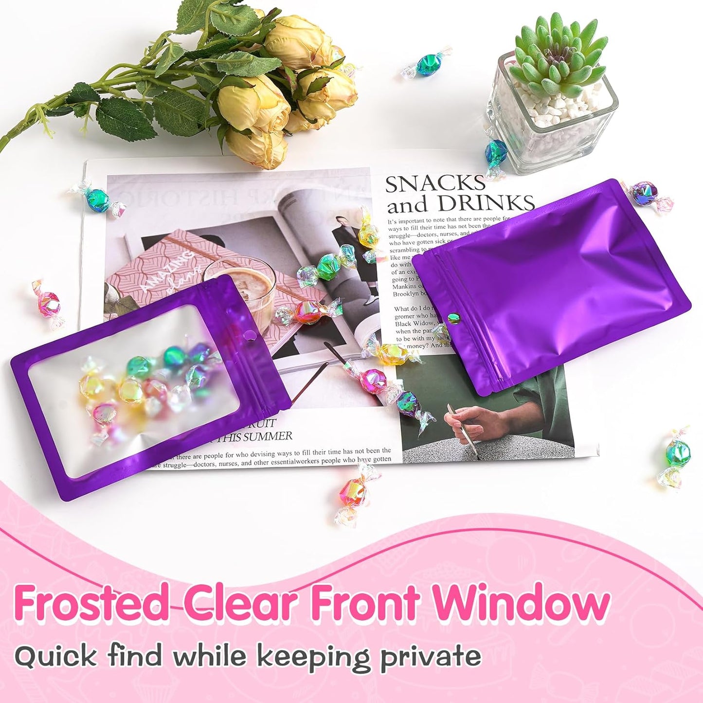 FUNFERY 100 Pack Mylar Resealable Bags Foil Packaging Bags with Clear Window,Zipper Pouch Smell Proof Bag for Food Storage,Cookies,Sample,Small Business(Purple,5.5x7.9inch)