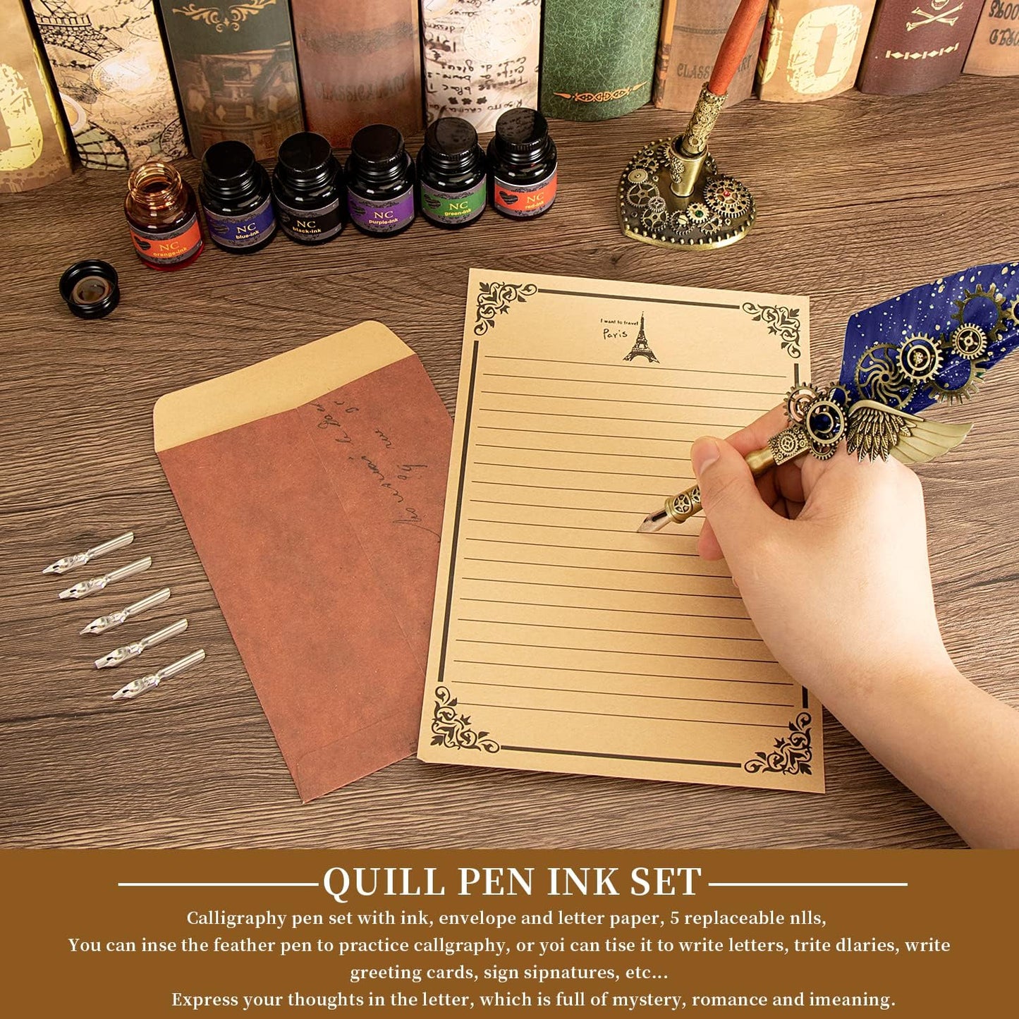NC Quill & Feather Calligraphy Pen Set, Wax Seal Stamp - Valentine's & Birthday Gift, Ideal for Various Holidays (Blue)