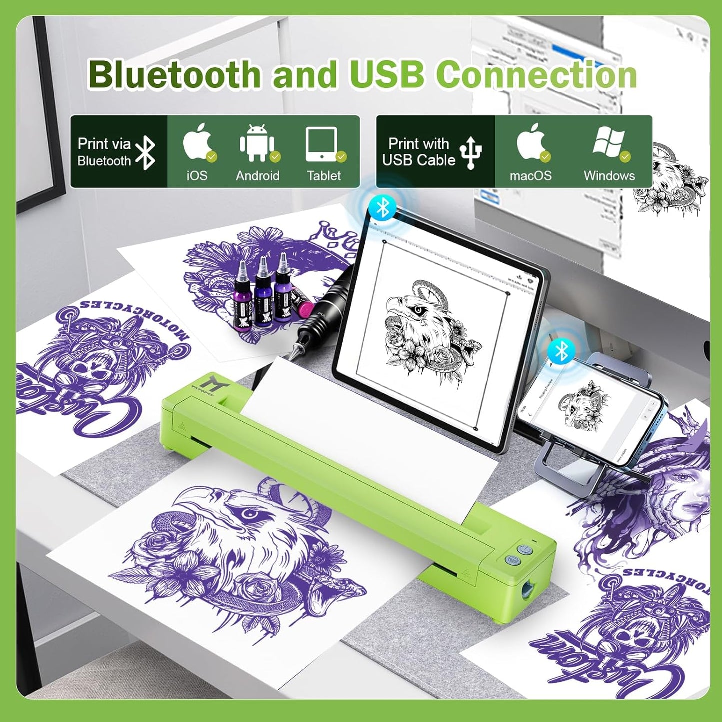 Tattoo Stencil Printer, P19 Wireless Thermal Temporary Tattoo Transfer Printer for Tattooing, 2500mAh Portable Tattoo Machine Kit Compatible with Phone/Tablet/PC, Green