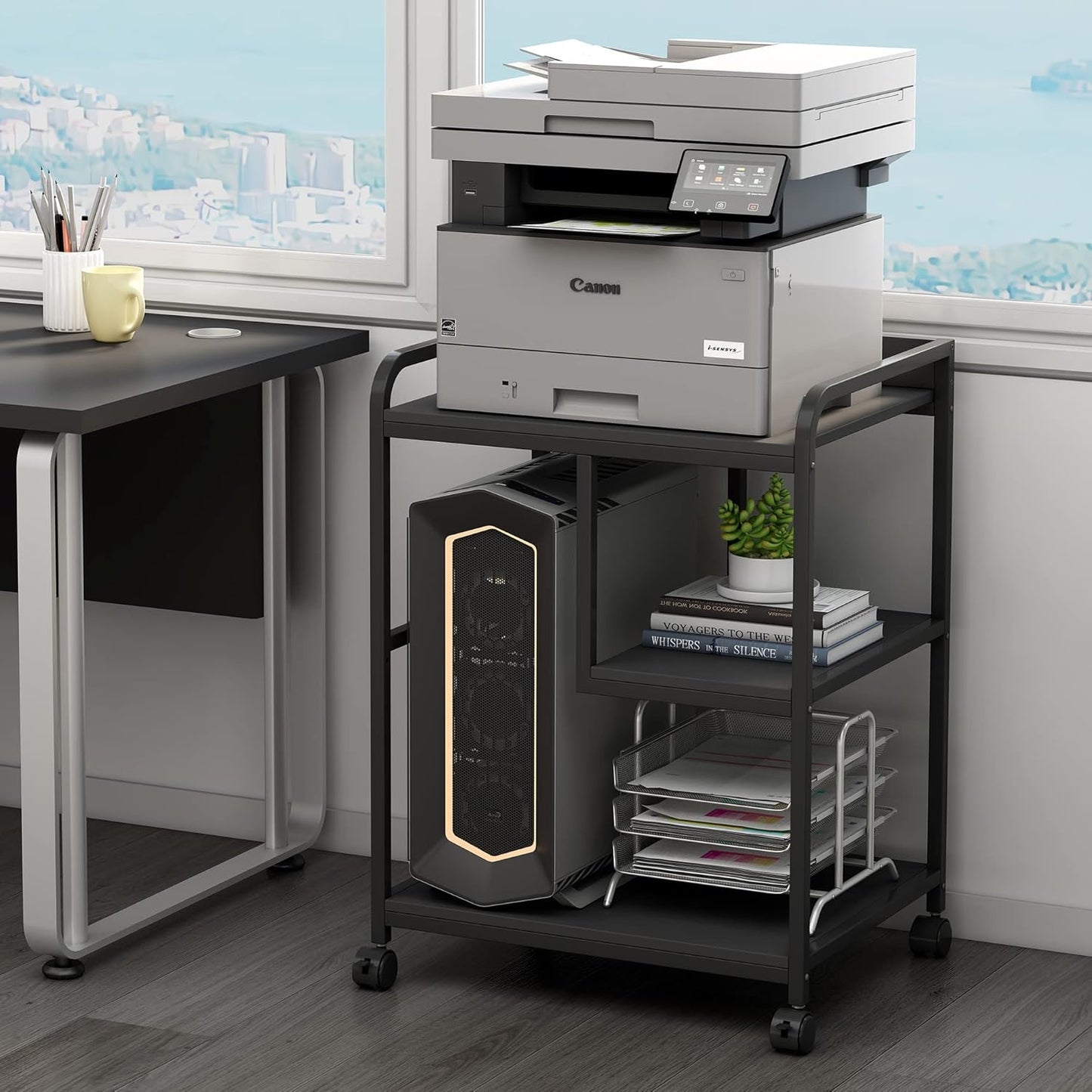 Printer Stand with Storage Shelf for Home Office Organization, 22 x 18 Inch Large Printer Table with Wheels, Shredder Stand, CPU Stand, Rolling Cart for Host Computer, PC Tower, Desktop- Black