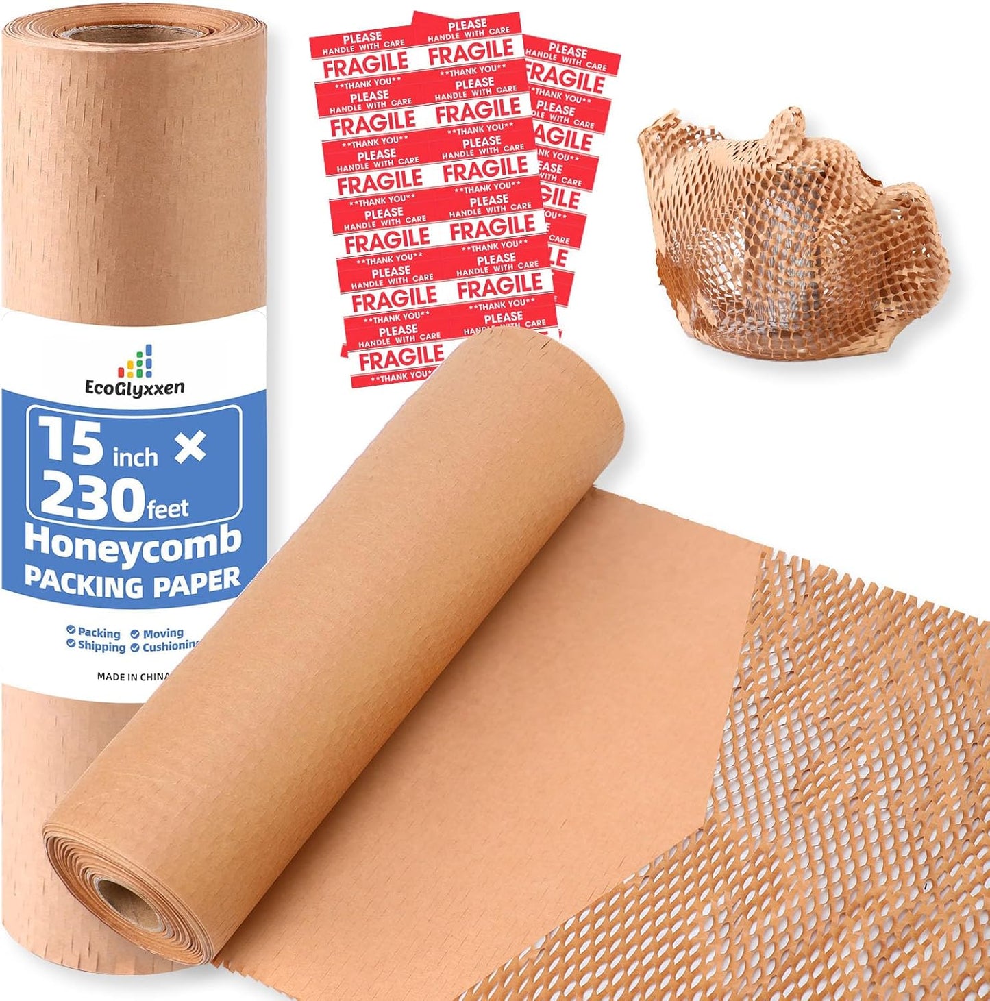 Honeycomb Packing Paper 15"Wx230'L-Bubble Wrap Substitute Alternative for Shipping, Moving Supplies, Small Business Packing Supplies & Gifts Wrapping Paper with 20 Fragile Stickers