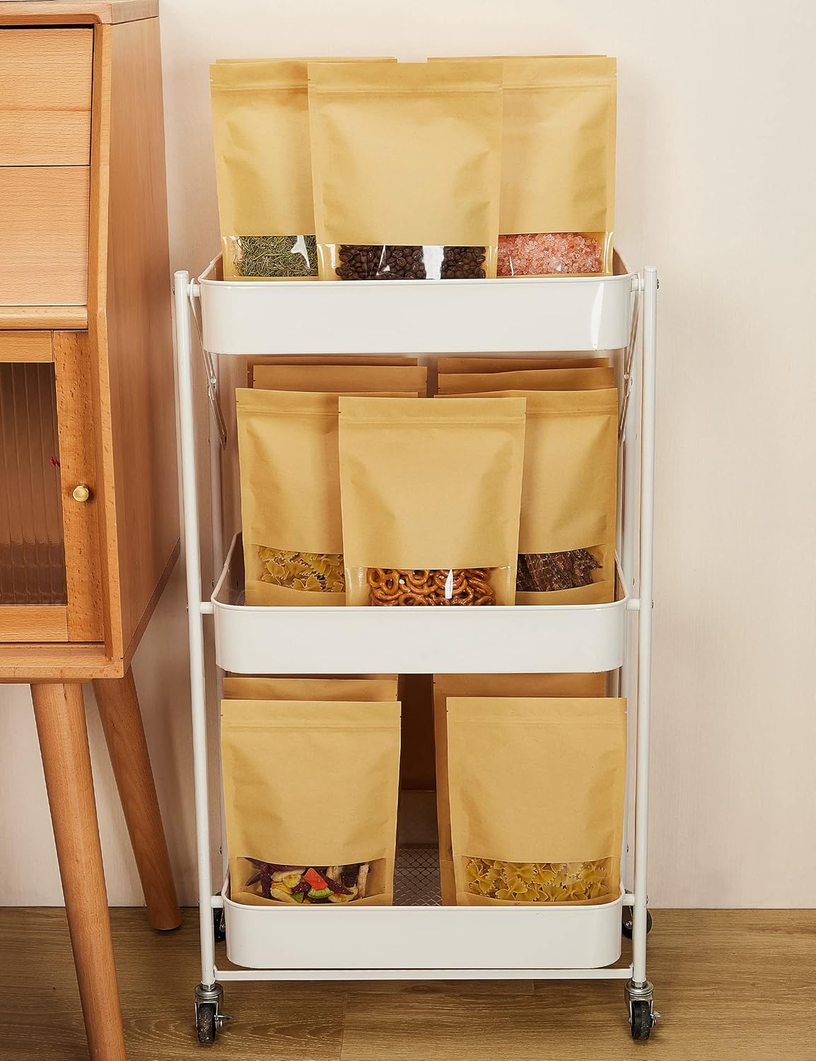FireKylin 100 Pcs Brown Paper Bags with Window, 3.5" x 5.5" Stand Up Pouches, Zipper Food Storage Bags for Packaging Products, Reusable, Sealable