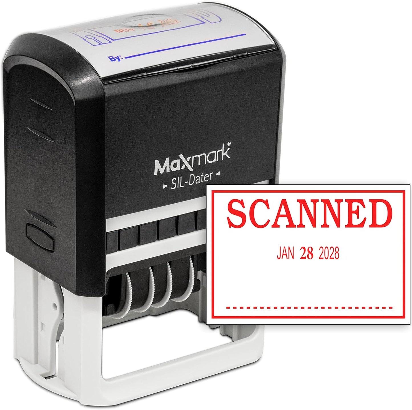 MaxMark Large Self-Inking Rubber Date Office Stamp with Scanned Phrase & Date - Red Ink, 12-Year Band - Style 3