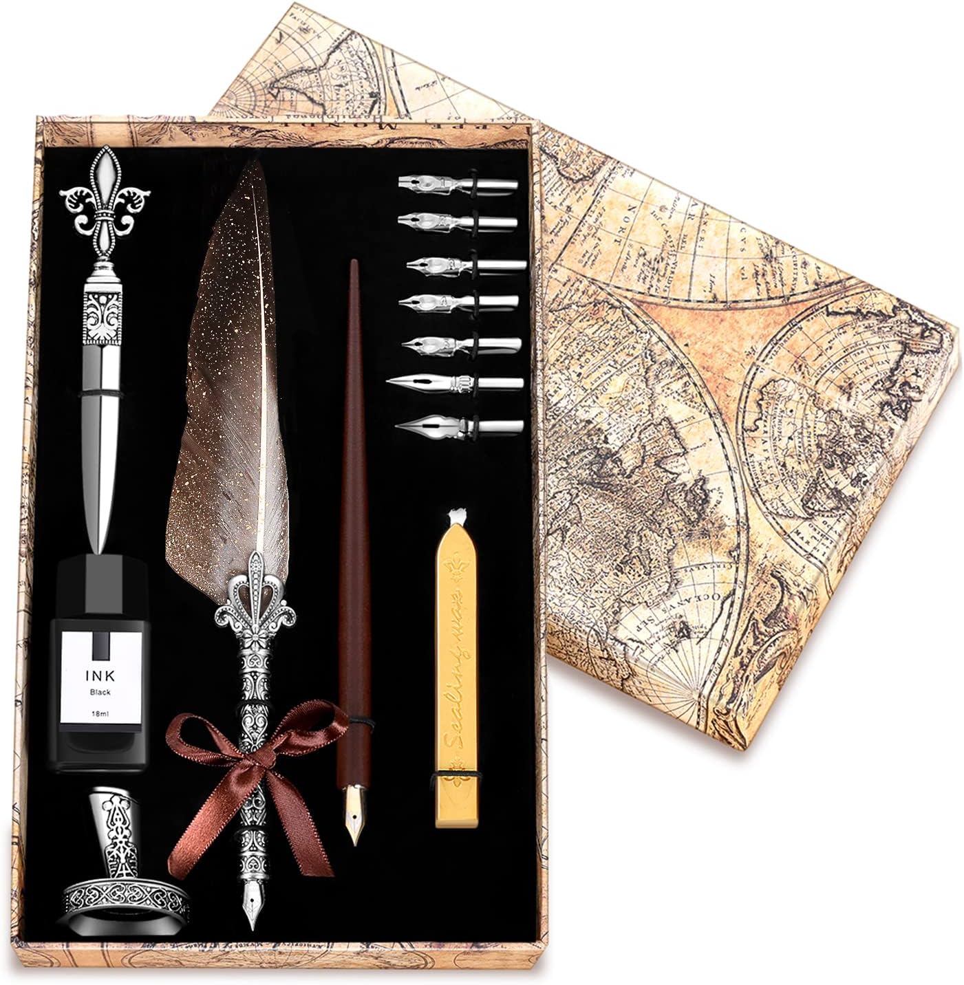 Vintage Quill Pen Ink Set,Feather Quill Pens with Wooden Calligraphy Pen, Including 7 Different Sizes of Nib, Calligraphy Pen Set Gift & Women and Man(Grey)