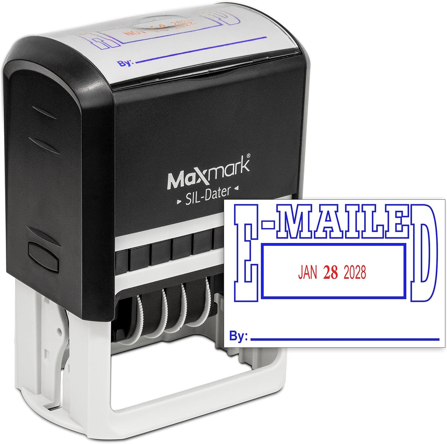 MaxMark Large Self-Inking Rubber Date Office Stamp with E-Mailed Phrase & Date - Blue/Red Ink, 12-Year Band - Style 5