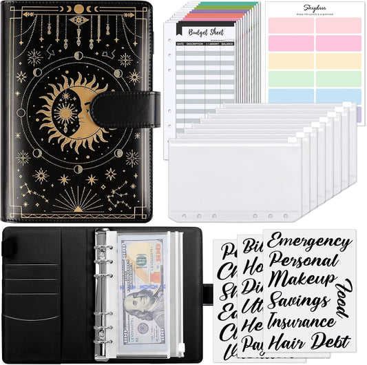 SKYDUE Budget Binder, Money Saving Binder with Zipper Envelopes, Cash Envelopes and Expense Budget Sheets for Budgeting (Black Golden)