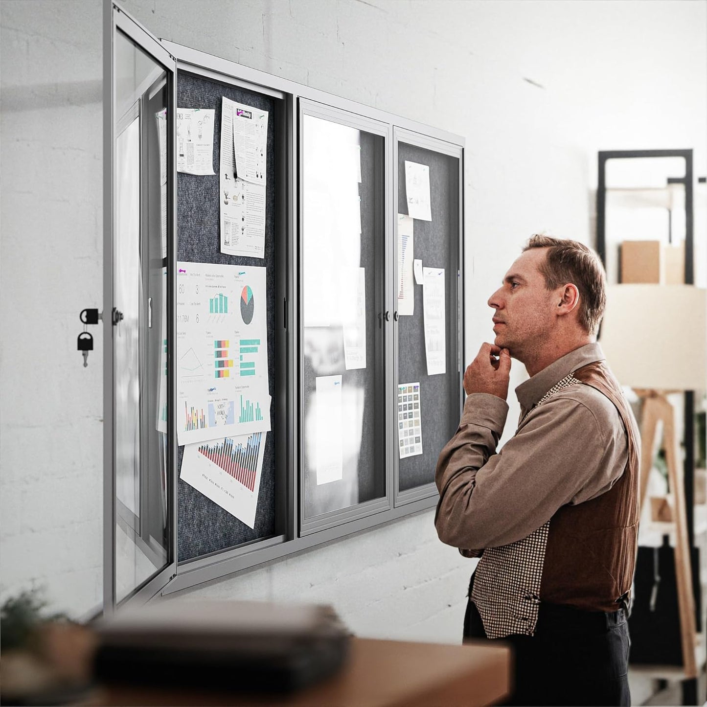 72"x36" Lockable Enclosed Bulletin Board, Outdoor Flet Weather-Resistant Aluminum Frame Notice Board, Wall Mounted Display Case Acrylic Doors for School,Office,Silver Frame w/Grey Flet