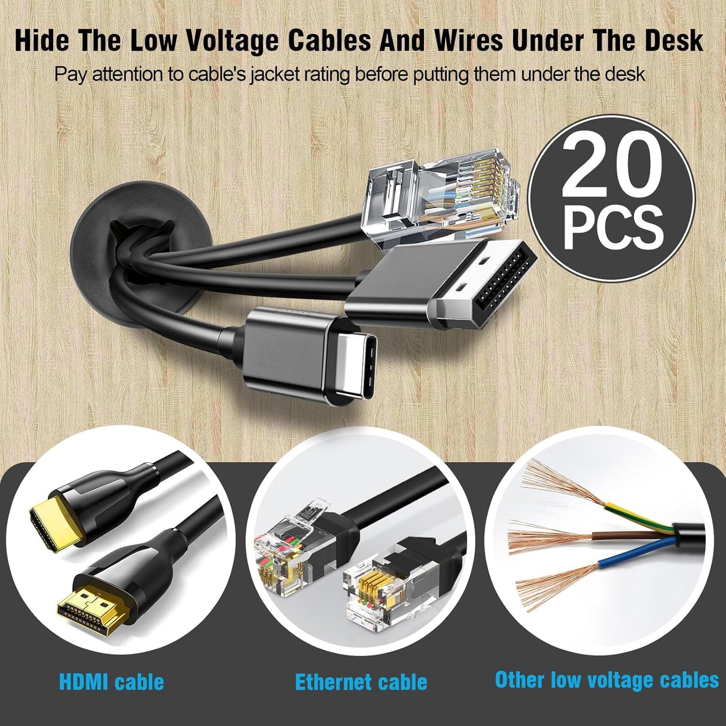 3/4" Black Desk Grommet, JTemgle Flexible Cable Grommet Cross Rubber Cable Hole Cover Wire Organizer Caps Desktop Cord Management for Home Office TV Stands Tabletops, 20 Pieces