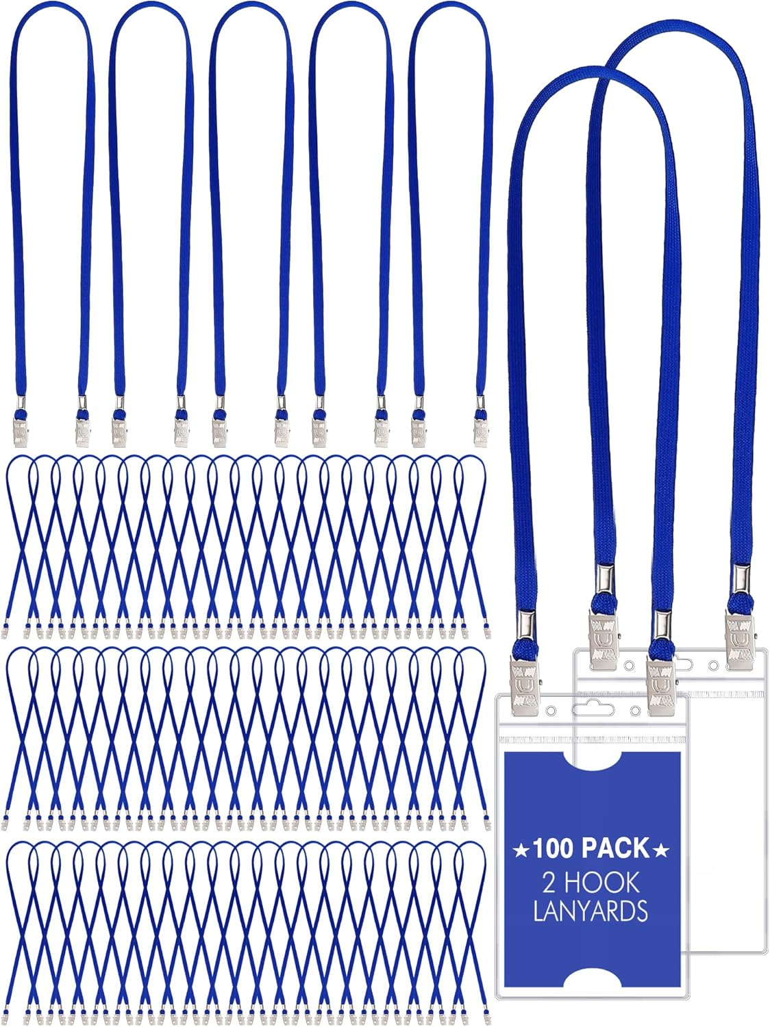 Patelai 100 Pack Double Clip Lanyards Bulk Face Mask Lanyard Twist Free 2 Hook Design Adjustable Badge Neck Strap for Conference Office Class Essential Back to School Gifts ID Card Keychain (Blue)